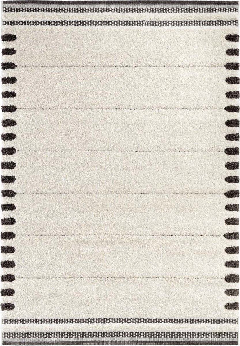 Krémově černý koberec do obývacího pokoje, silný koberec shaggy, vzor boho 80x150 cm