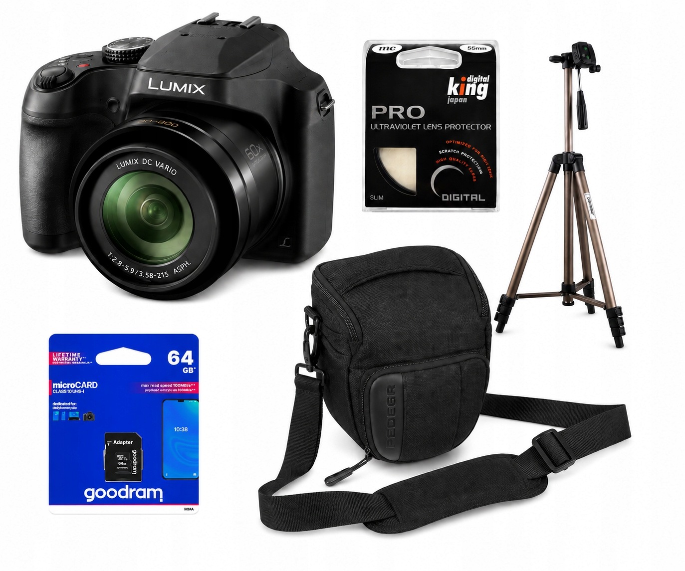 Fotoaparát Panasonic Lumix FZ82D karta 64 Gb taška filtr 55 mm stativ TA30
