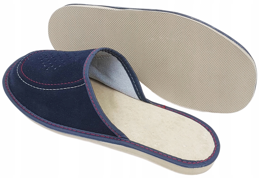 Pantofle Skóra Zamsz Męskie Kapcie GRANATOWE *45* Model PPM 010