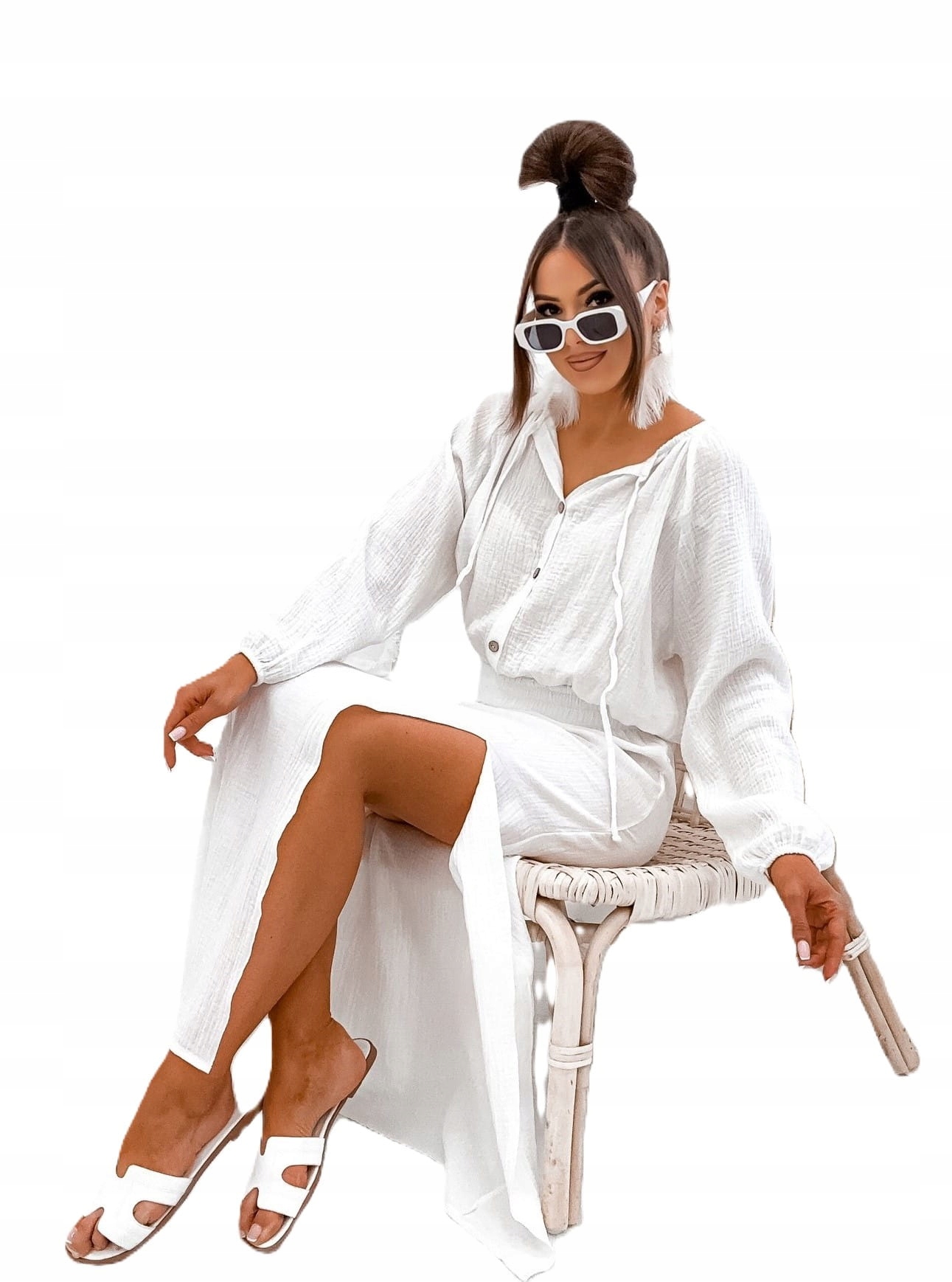 Biały komplet z muślinu długa spódnica i bluzka Moon S M