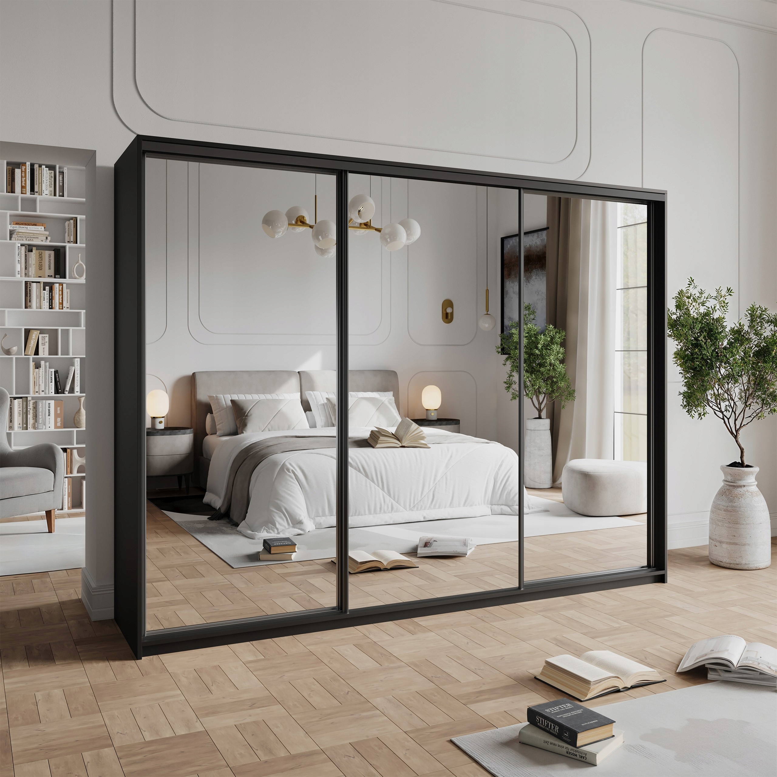 Skříň 250 cm se zrcadlem Zásuvky Černá Černá