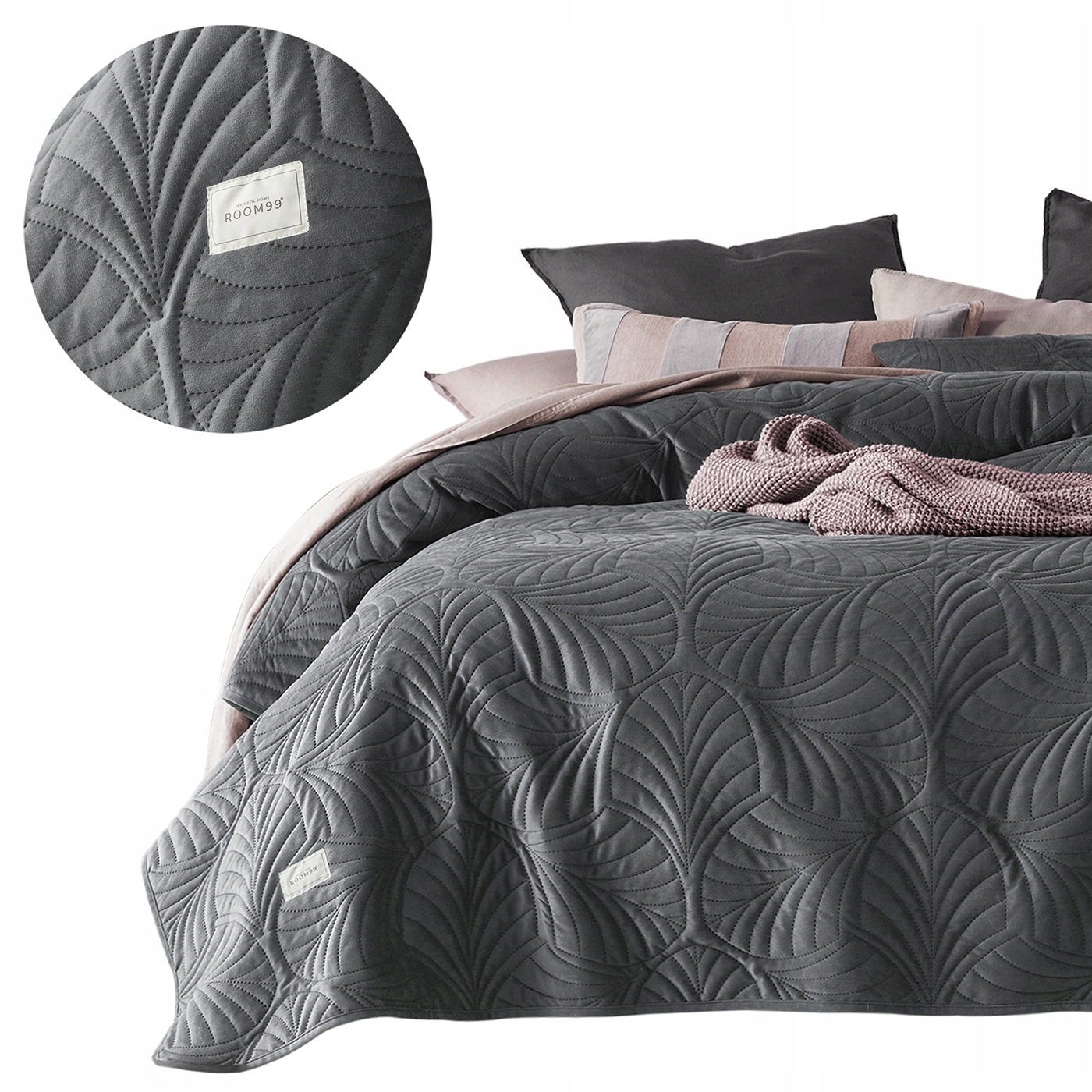 ROOM99 Narzuta na łóżko 220x240 szara c. welurowa kanapę sofę pikowana Feel