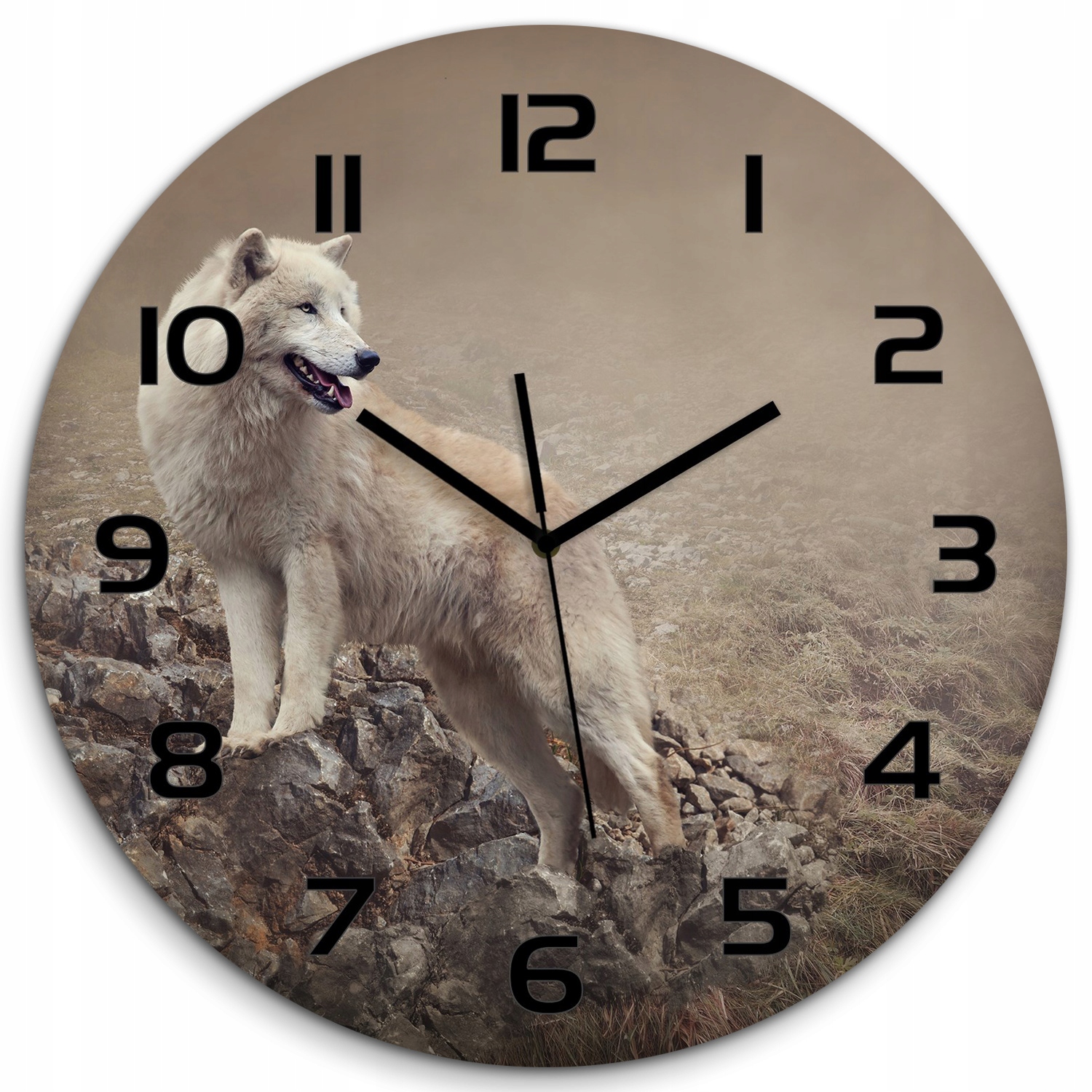 

Cichy szklany zegar Biały wilk na skale fi 60 cm