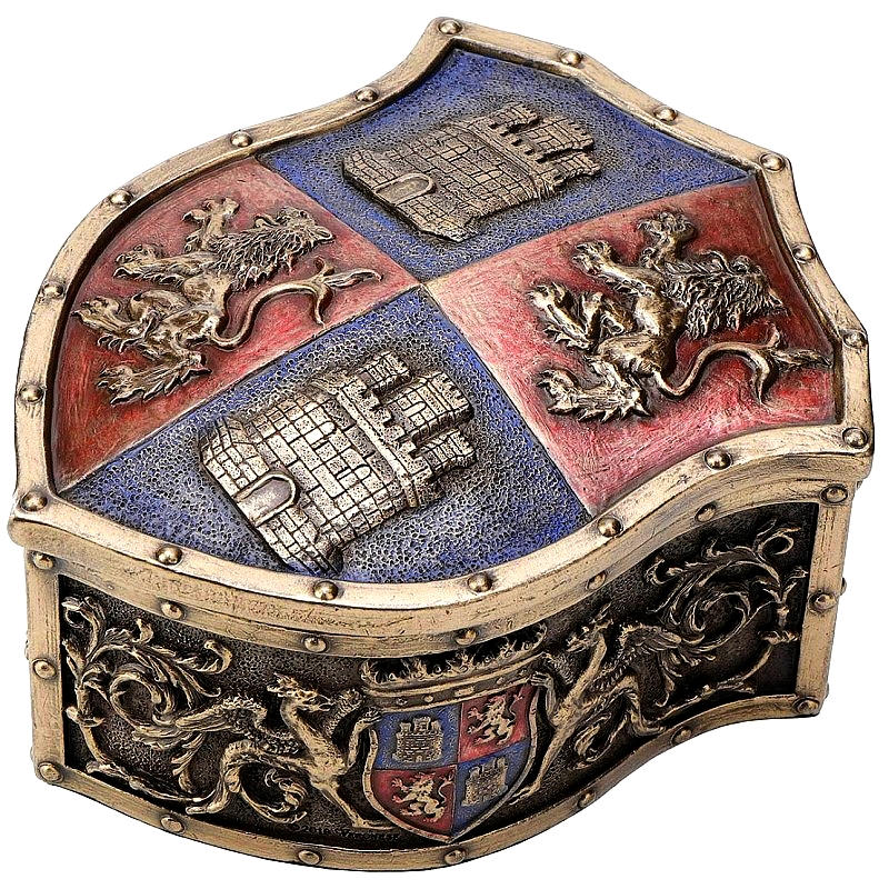 SZKATUŁKA RYCERSKA HERB LWY I ZAMKI Z BOKU SMOKI v