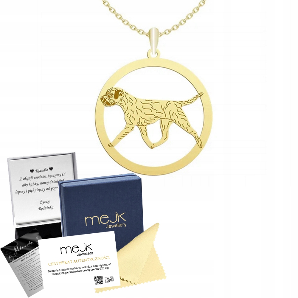 Zlatý náhrdelník se psem plemene Border teriér 925 Řetízek Gravírování Bonus