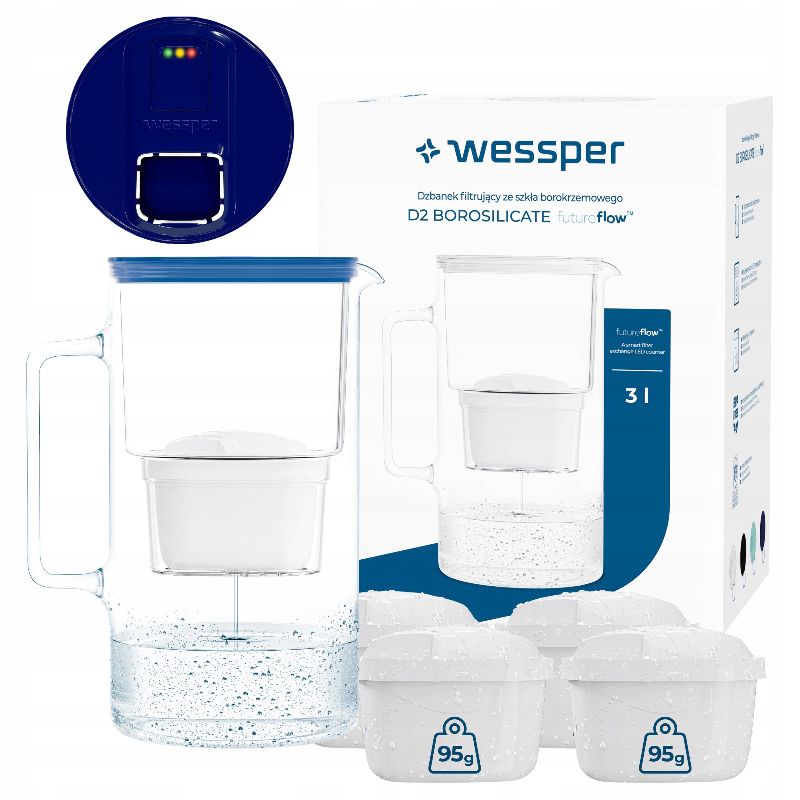 Filtrační konvice skleněná Wessper D2 Borosilicate 3l 5x filtr aquamax