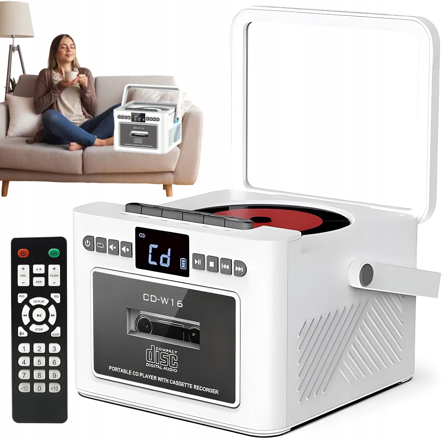 Přenosný Přehrávač CD Kazeta Bluetooth 5.1 Rádio Fm MP3 Aux Sd Boombox