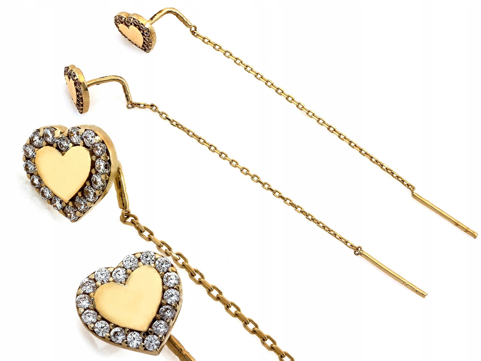Zlaté náušnice 585 14kt provlékací řetízky srdce se zirkony 1.45g