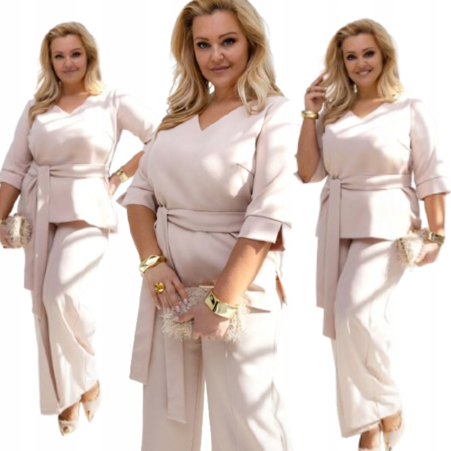 Komplet Damski Wizytowy Plus Size Spodnie Bluzka Beżowy 42