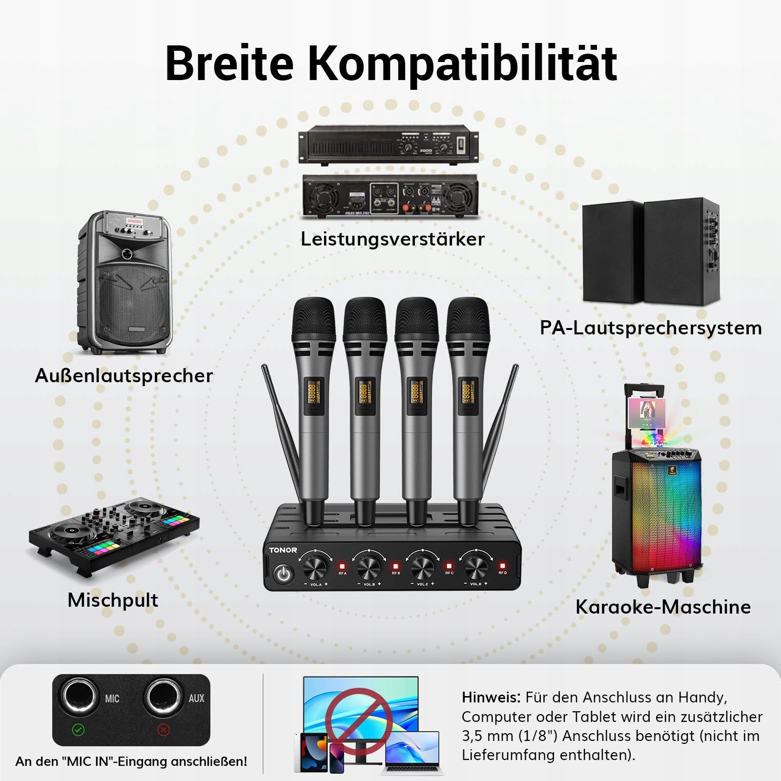 TONOR Zestaw Mikrofonów Bezprzewodowych 4x5 Kanałów 60m Karaoke Scena — miniatura 5