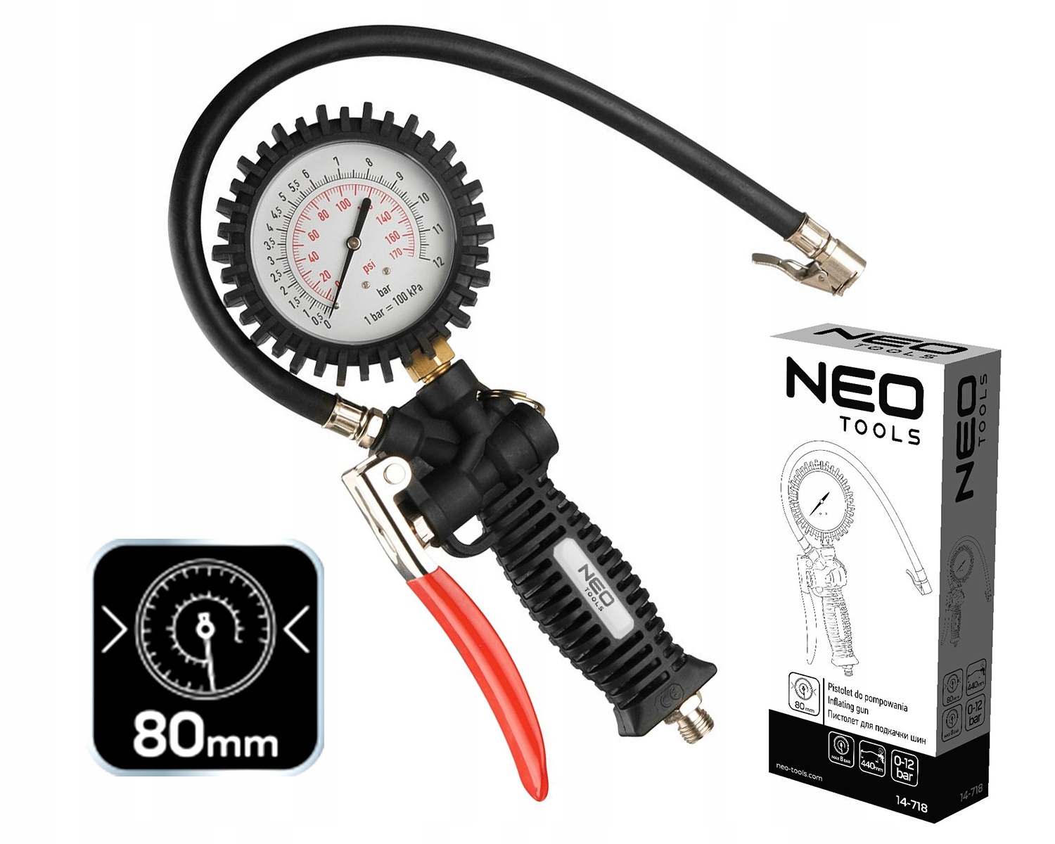 NEO Pistolet do pompowania DUŻY MANOMETR 80mm ALU