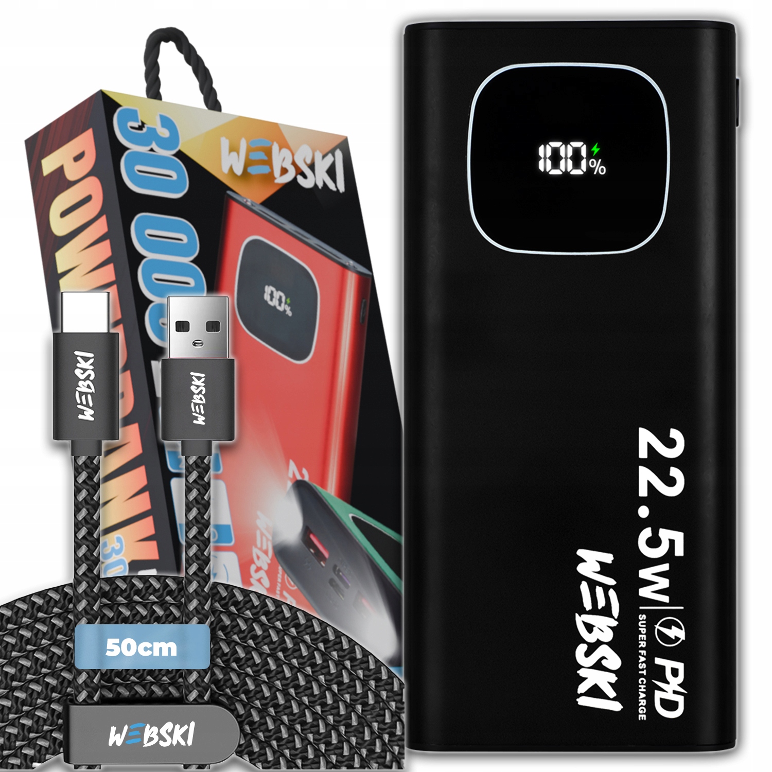 Powerbank 30 000 Mah 2X Usb Usb-c Rychlé Nabíjení Pd Usb Kabel Usb-c 50 CM