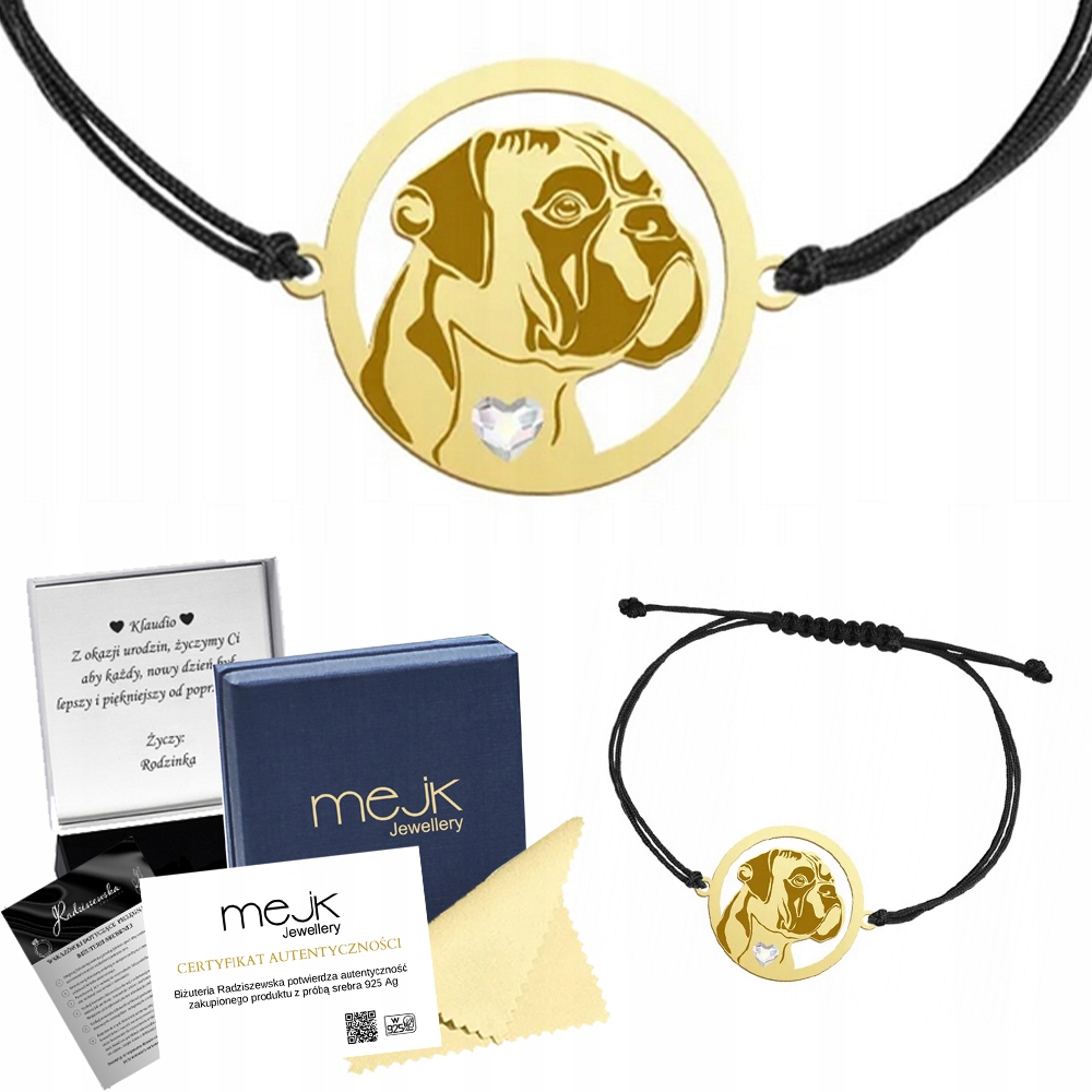 Zlatý náramek se psem Boxer, stříbro 925, šperk Dárek, šňůrka, Gravírování Bonus