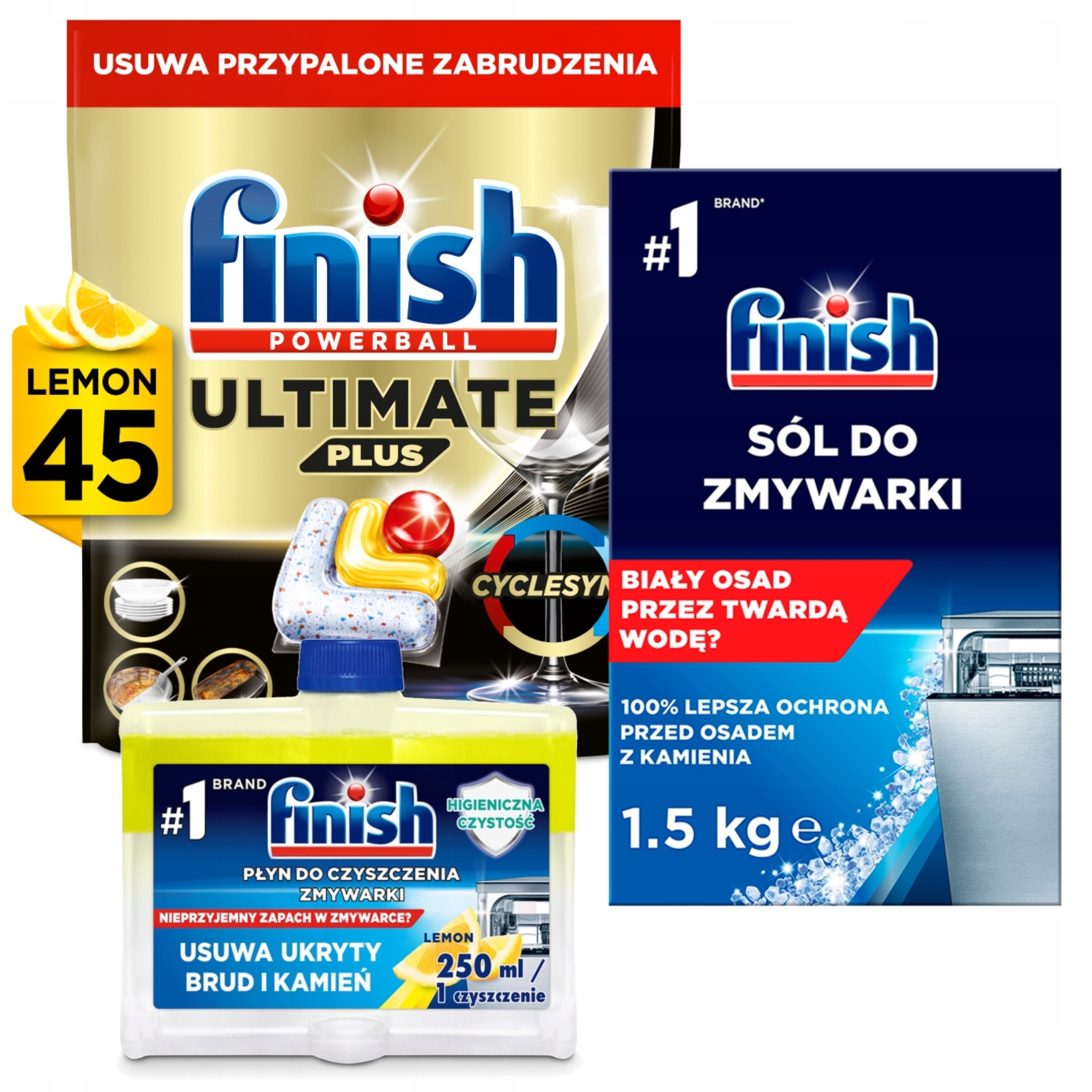 Levně Finish Sada na mytí nádobí Kapsle Ultimate 45 Kusů Čistič a sůl 1.5 kg