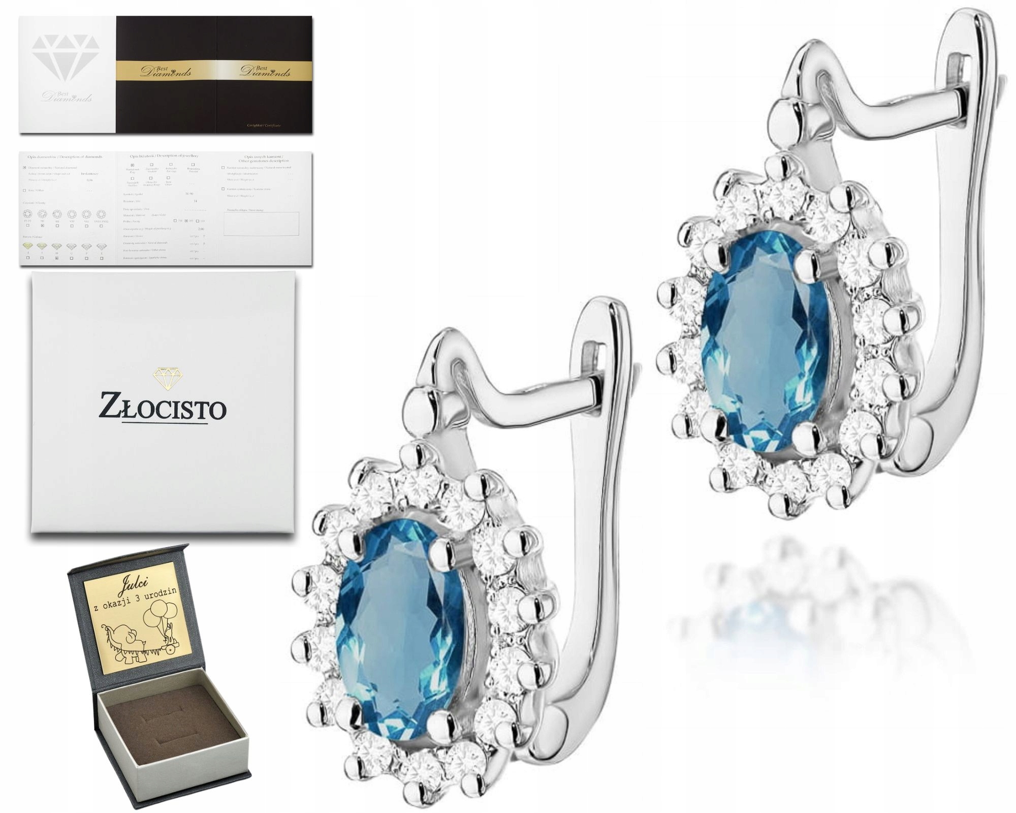 Bílé Zlato Náušnice 585 Modrý Kámen Topaz London Blue Brilianty Gravírování