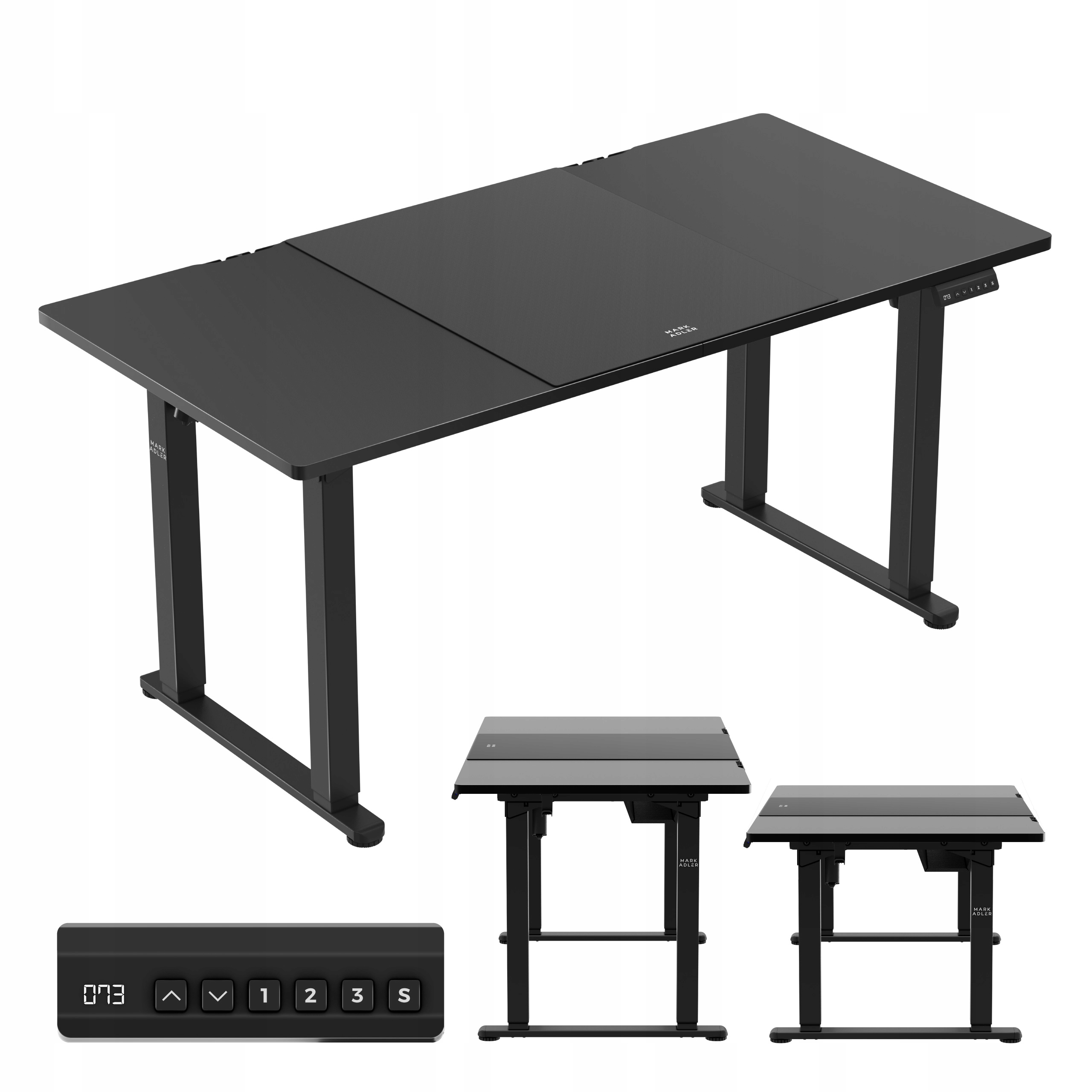 Elektrický psací stůl Mark Adler černý, nastavitelný pro práci kancelářského počítače