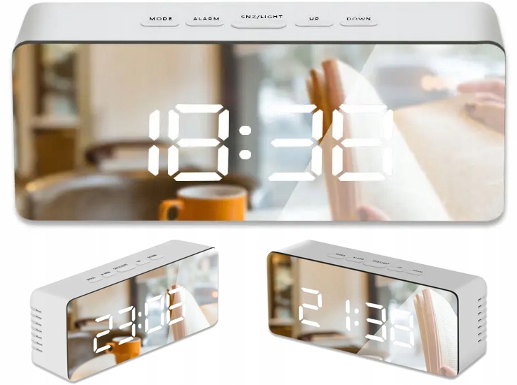 ZEGAREK ELEKTRONICZNY STOJĄCY BUDZIK ALARM DATA TERMOMETR LUSTRO LED ZEGAR