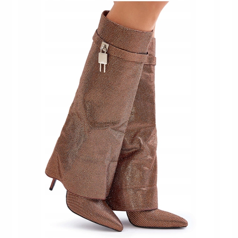 Kozačky Se Zirkony Na Špendlíku, Vyhrnutý Svršek, Lesklé, Hnědé, Velikost 38