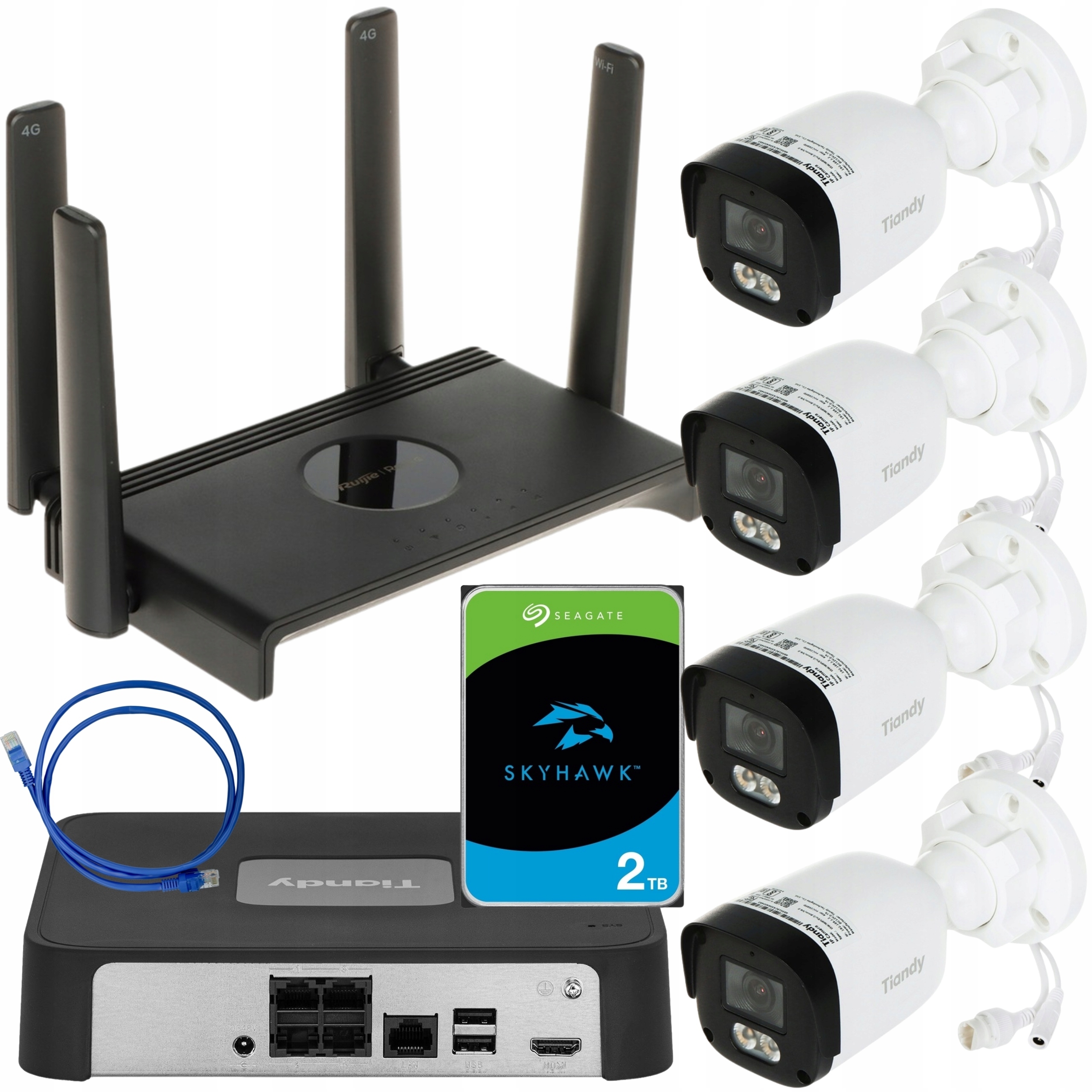 Monitorovací sada 4x kamera Tiandy rekordér disk 2TB Utp router Ruijie
