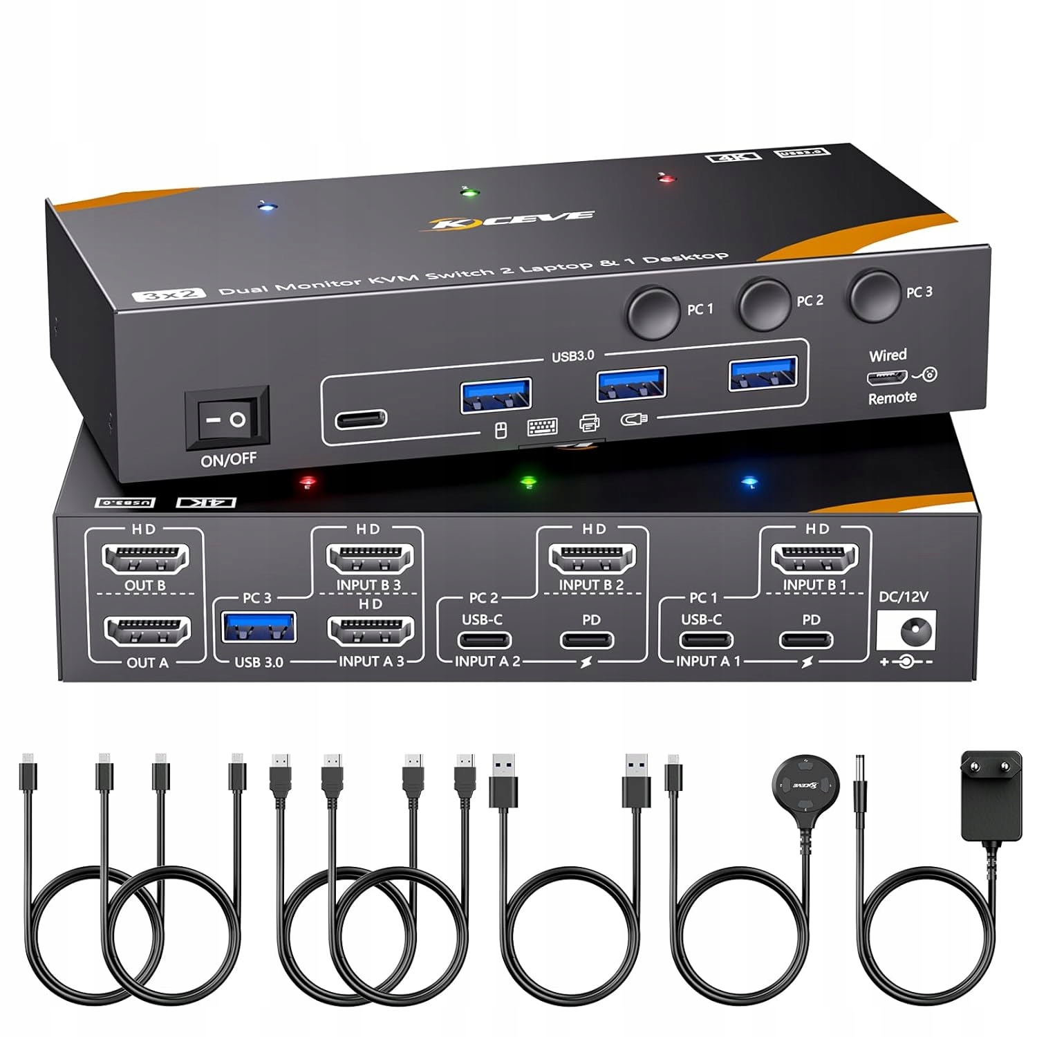 KVM Switch 2 Monitory 3 Komputery USB-C HDMI 4K 60Hz PD85W