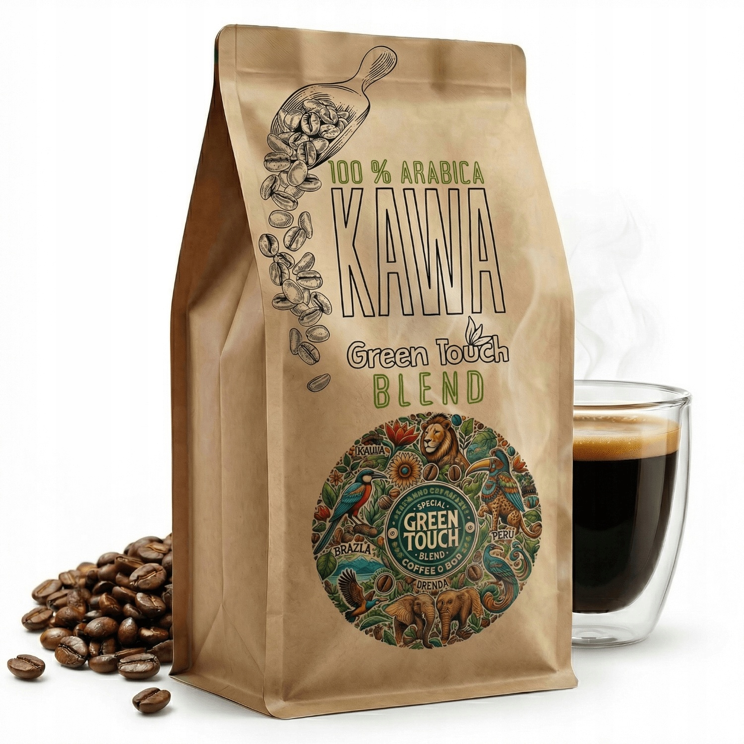 Levně Káva zrnková 100% arabica Green Touch Blend 1 kg Brazílie Uganda Peru