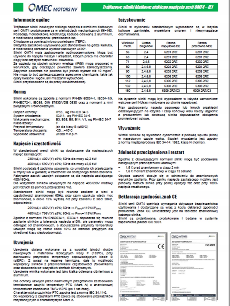 SILNIK ELEKTRYCZNY 11kW OMT4 160M- 4 B3 Średnica wału 42 mm