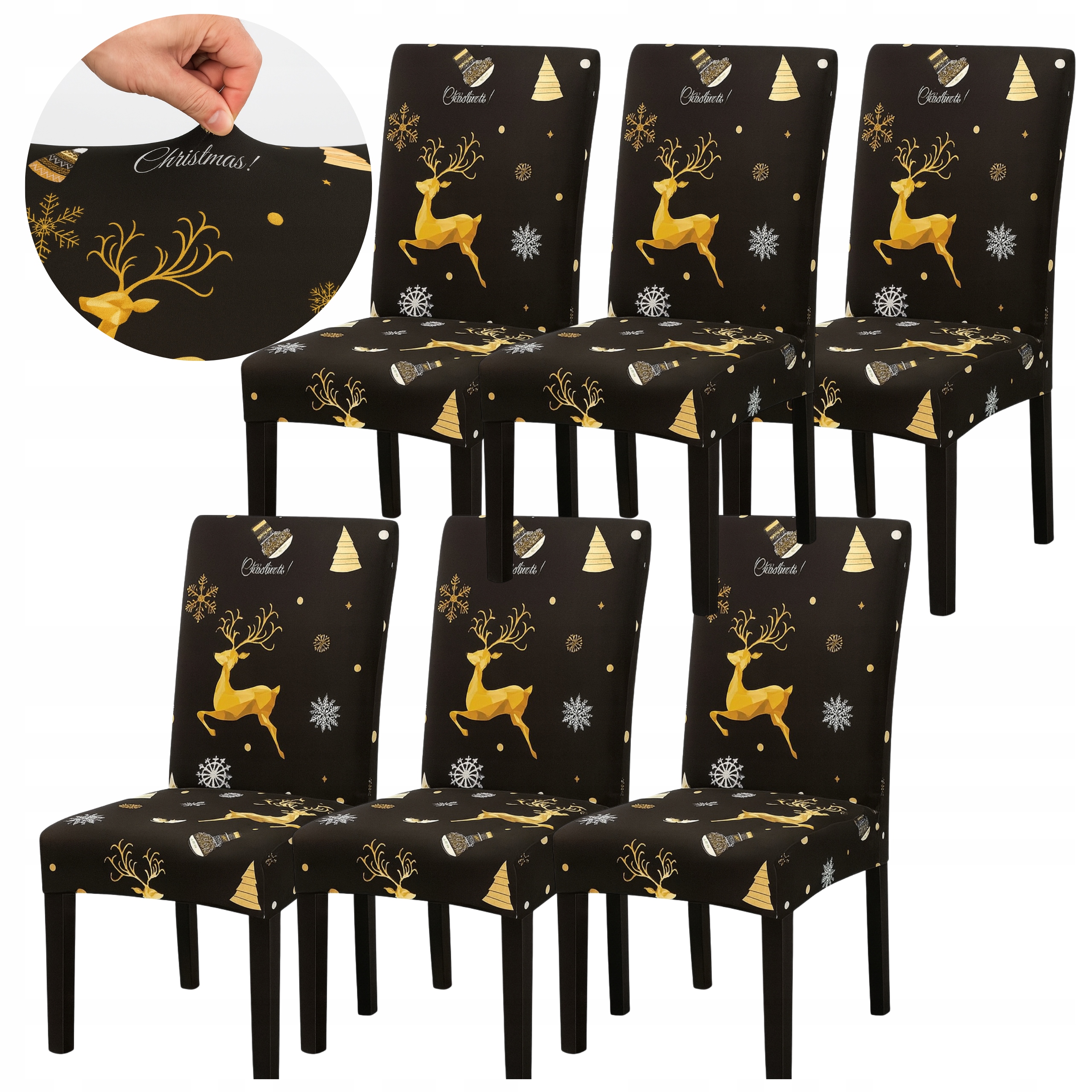 Potah Na Židli Černý Vánoční Elastický Univerzální Vzor 6 Ks