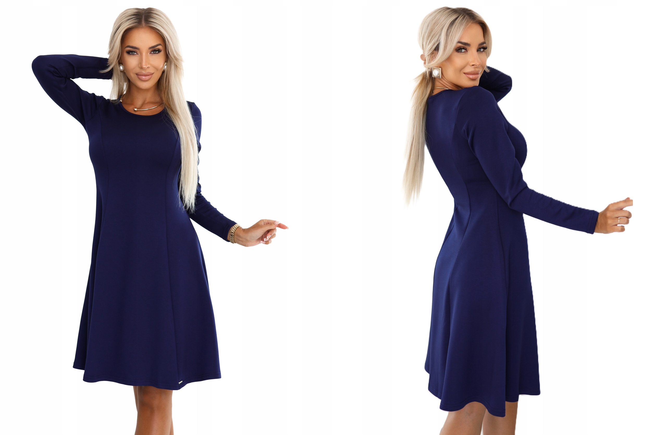 Trapézová Šaty Na Podzim Teplá A Pohodlná S Dlouhým Rukávem, Tmavě Modrá, L