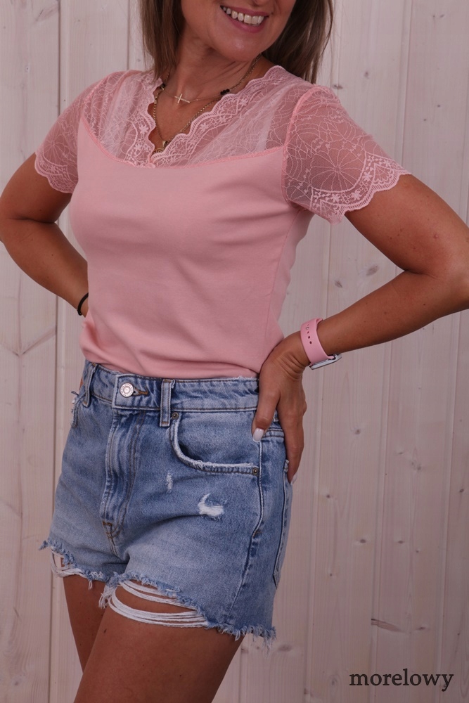 BLUZKA PRZÓD OZDOBNA KORONKA DEKOLT KOLORY * S/M Fason dopasowany