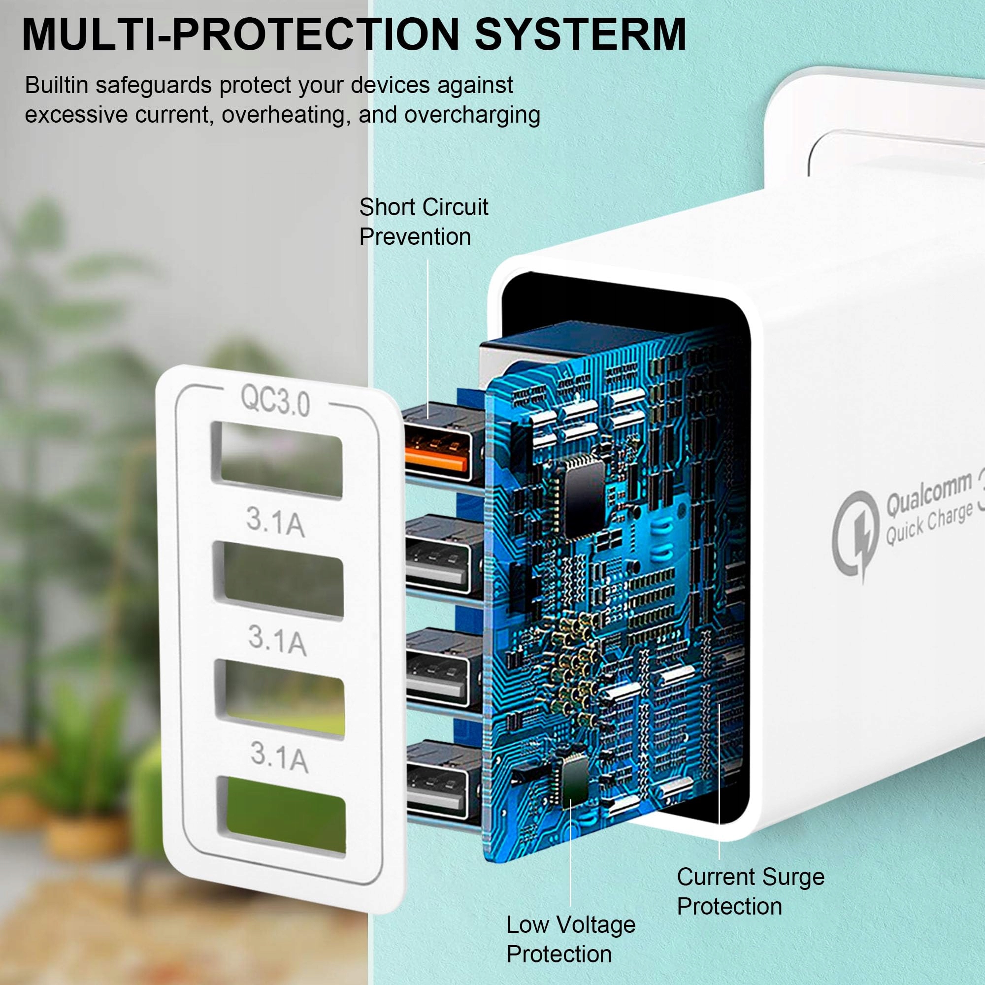 Mijun Zestaw 2 Ładowarek USB 4-Portowy Adapter QC 3.0 33W do iPhone Android — miniatura 3