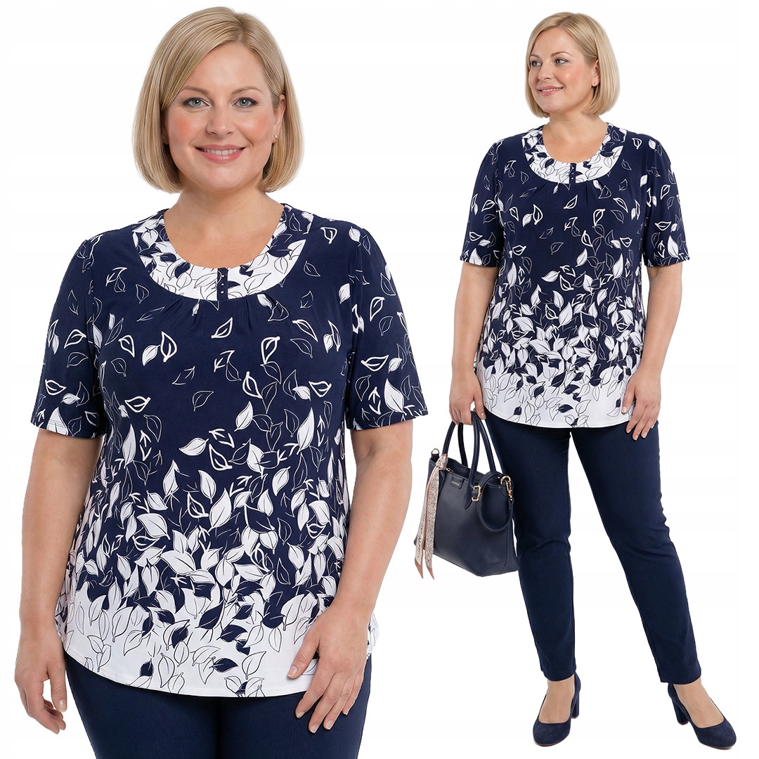 Tmavě modrá tunika s bílými listy plus size velikost 60/62