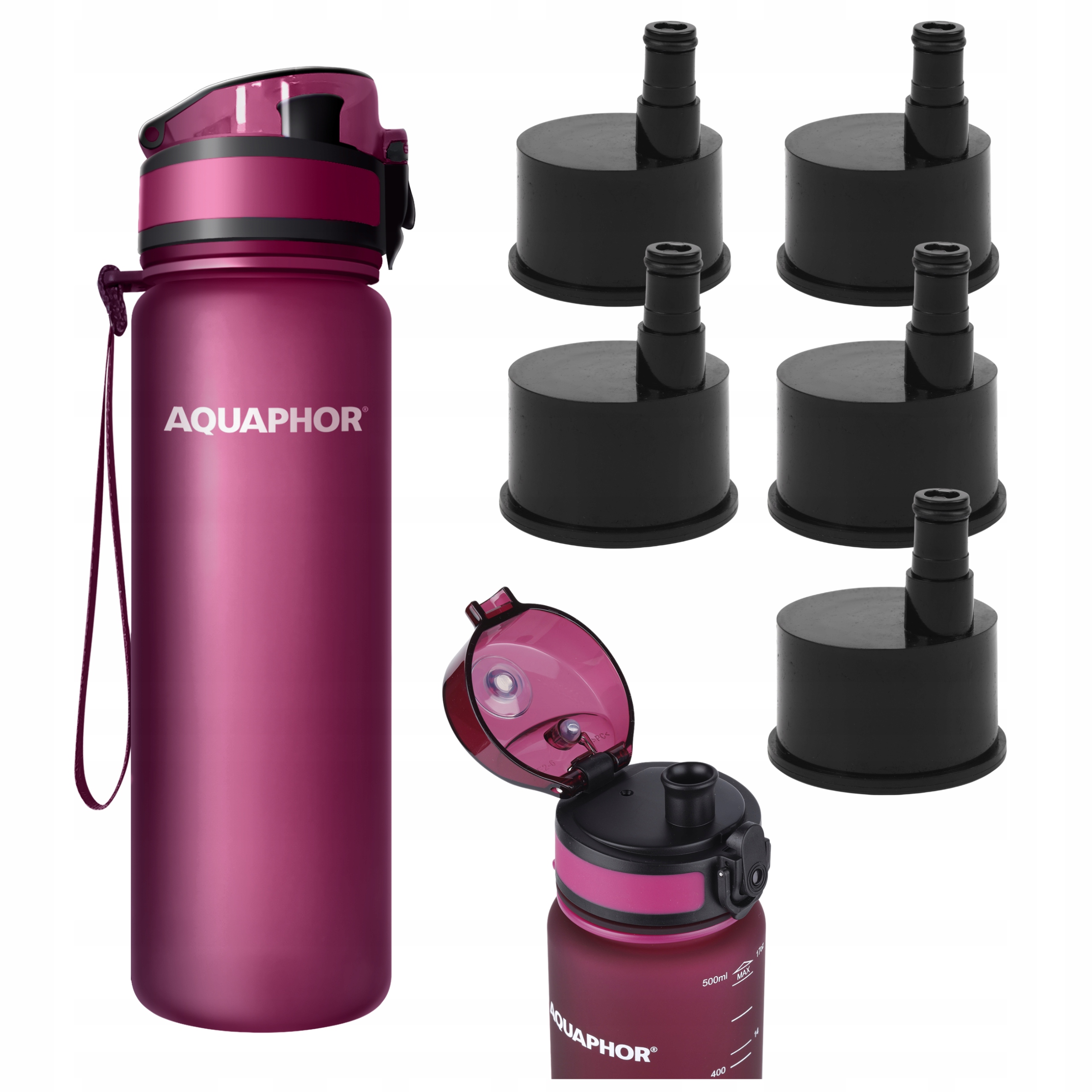 Butelka z Filtrem na wodę Aquaphor City 0,5l Bordowa Bidon zestaw 5 filtrów
