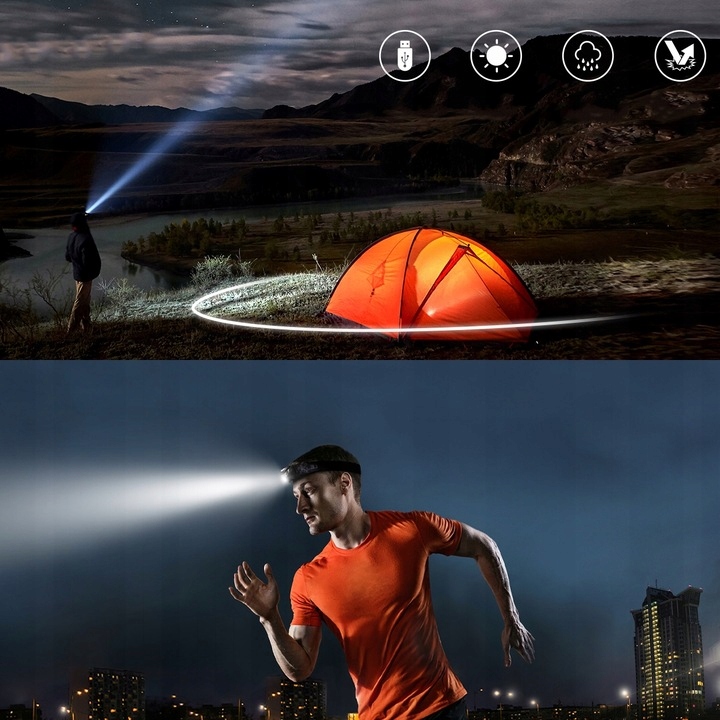 LATARKA LED CZOŁOWA MOCNA AKUMULATOROWA CZOŁÓWKA NA GŁOWĘ USB RÓŻNE TRYBY Materiał ABS