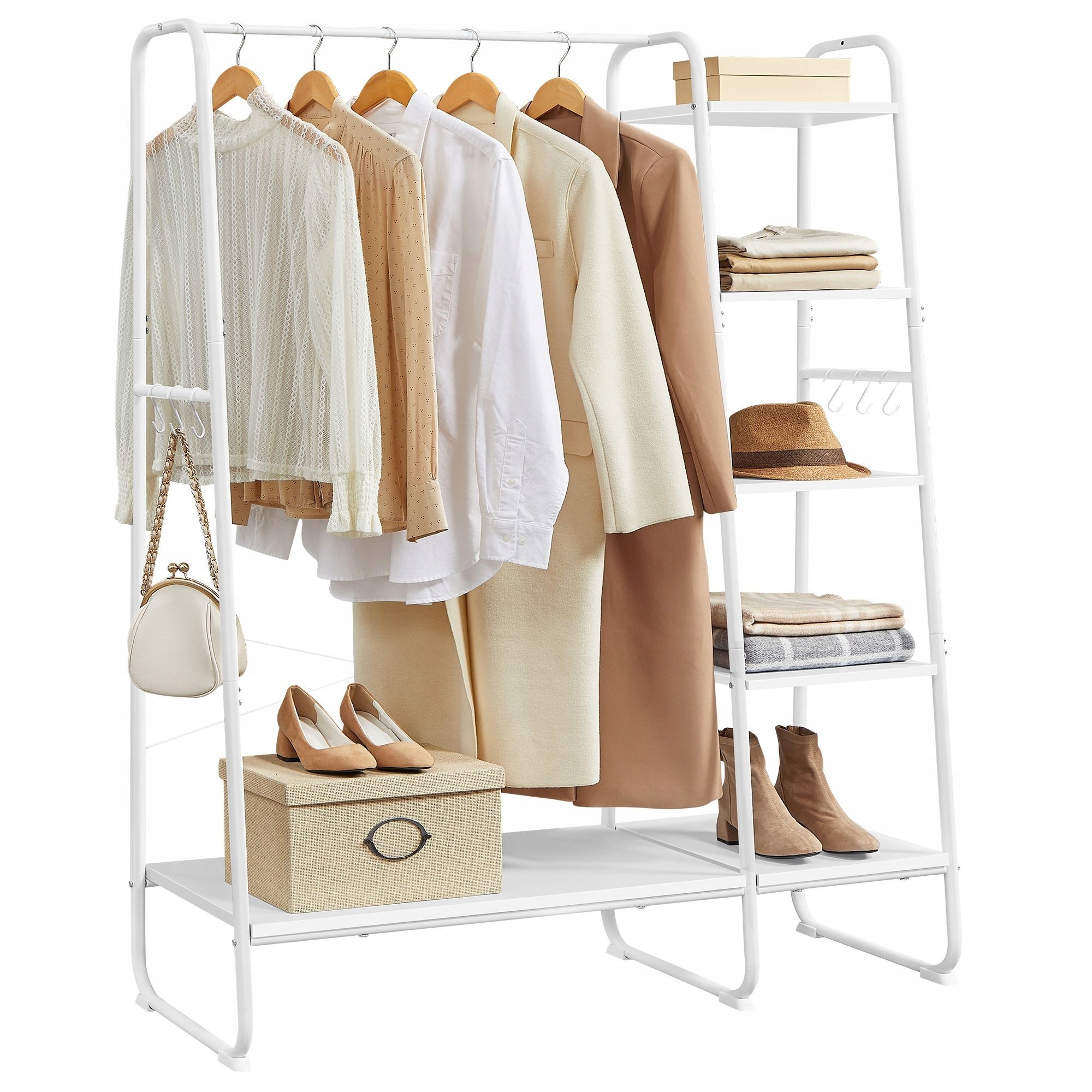 Biely šatníkový vešiak na oblečenie s 5 policami do predsiene a spálne