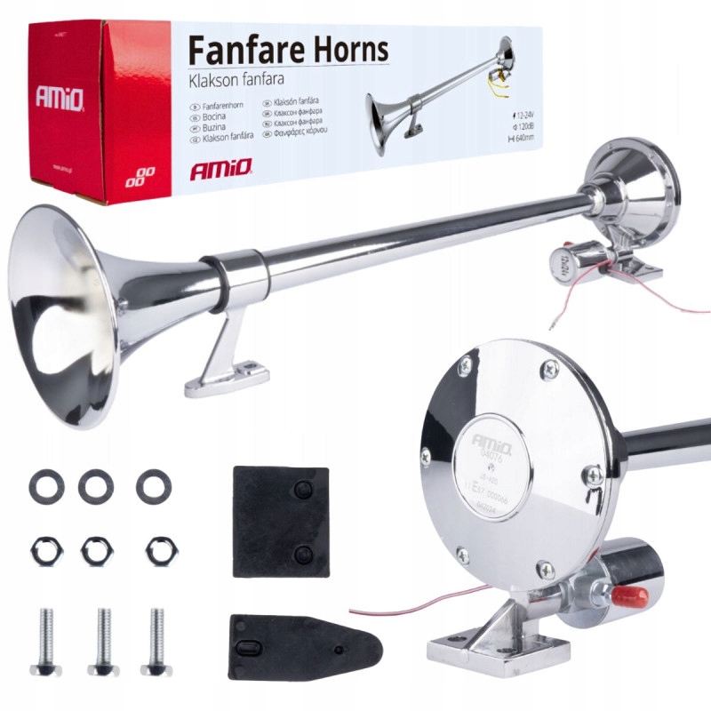 GŁOŚNY KLAKSON FANFARA SYGNAŁ DŹWIĘKOWY CHROM 64CM 12V 24V 150dB TRĄBKA