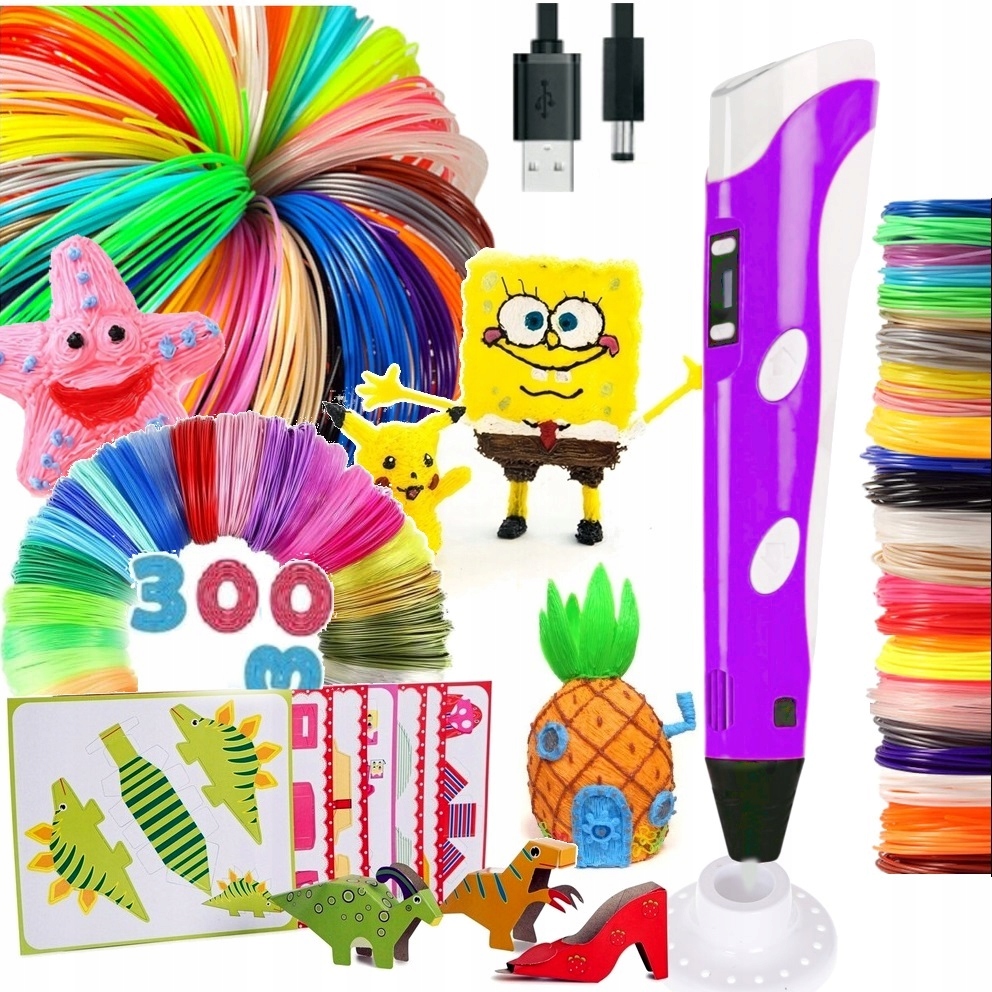 Długopis 3D Dla Dzieci ZESTAW SZABLONY KSIĄŻECZKA WKŁADY 200M FIOLETOWY