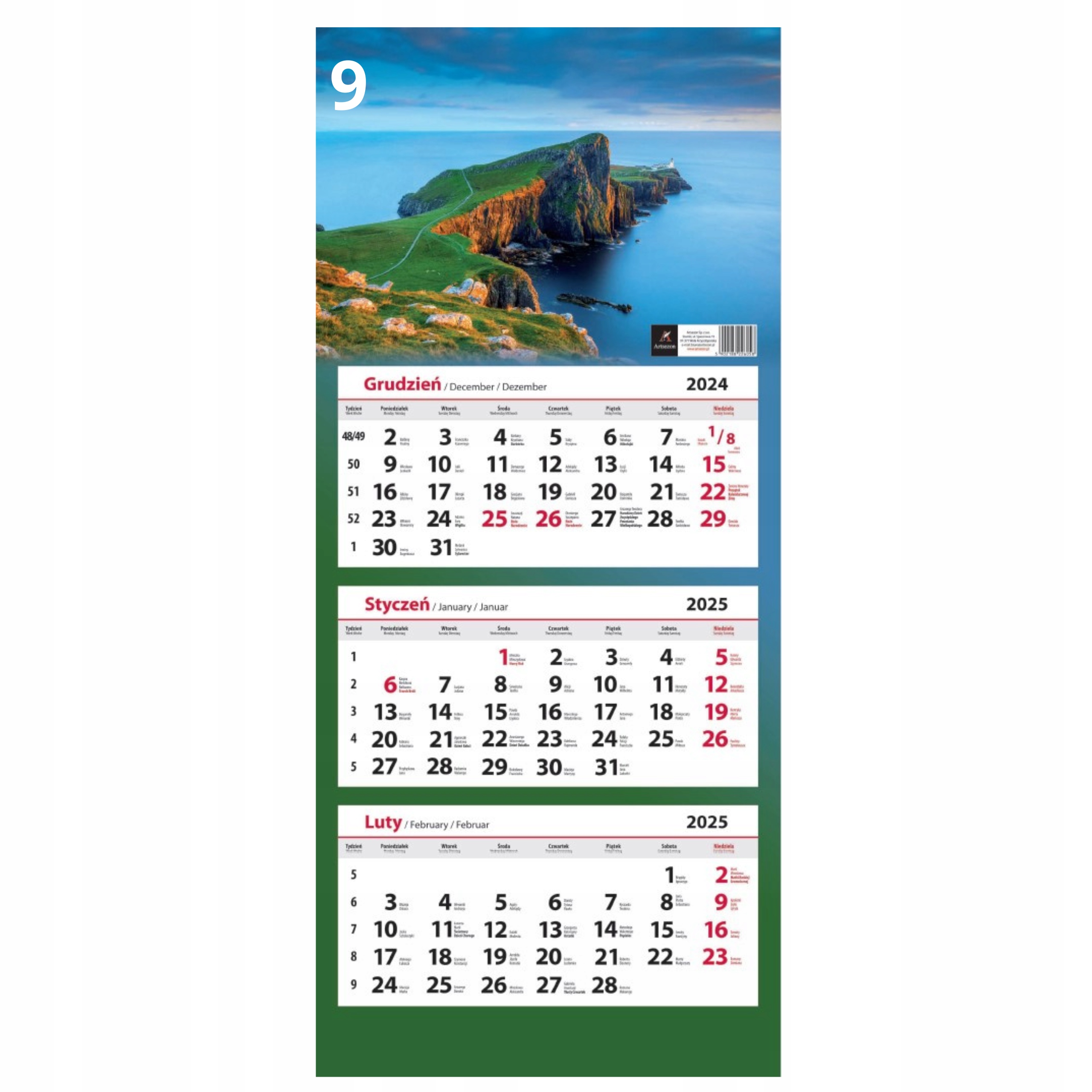 KALENDARZ TRÓJDZIELNY ŚCIENNY 2025 Rok Mix Wzorów Tematyka krajobrazy