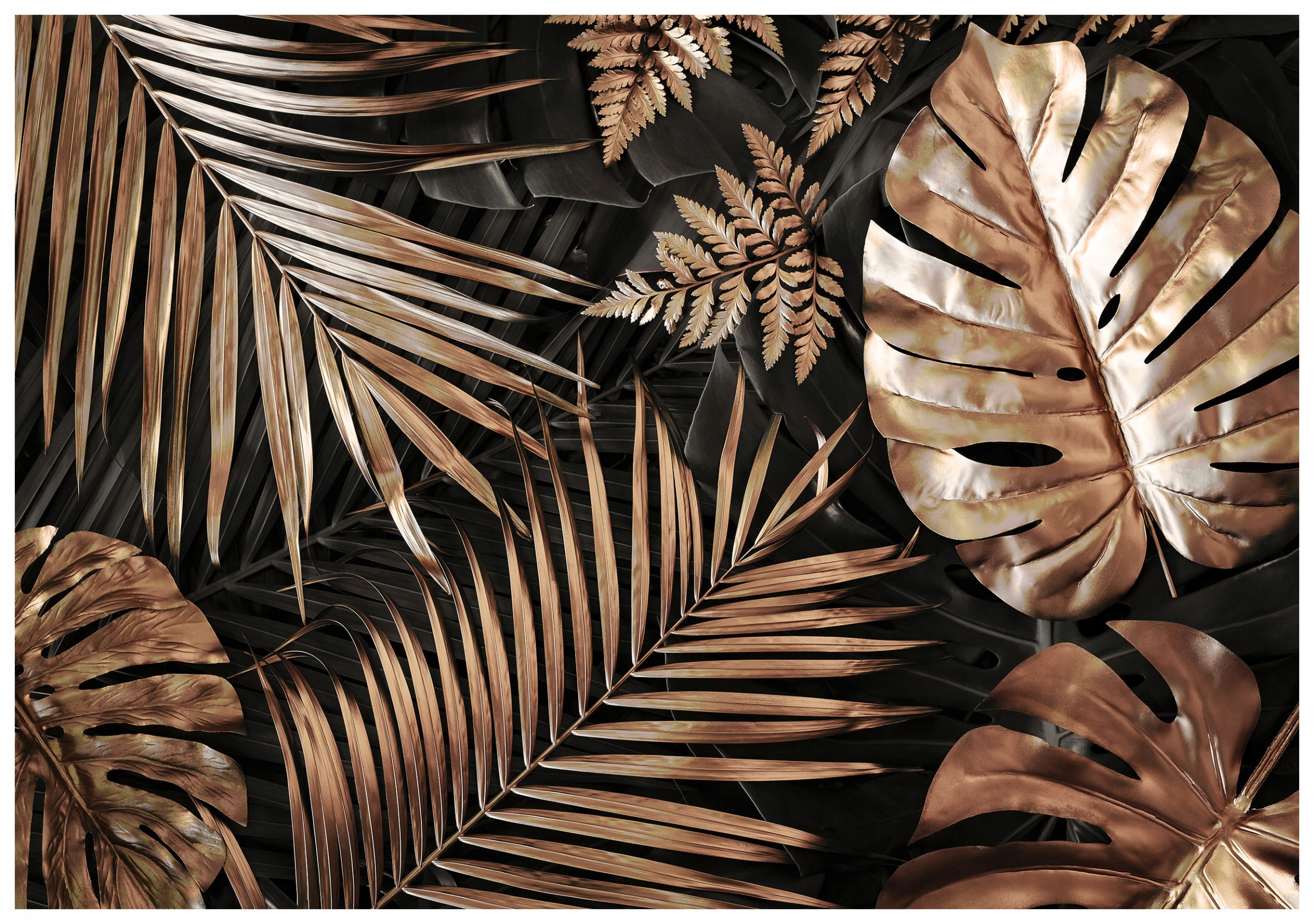 Fototapeta Zlaté listy monstery a papradia na tmavom pozadí 416x254 lepidlo