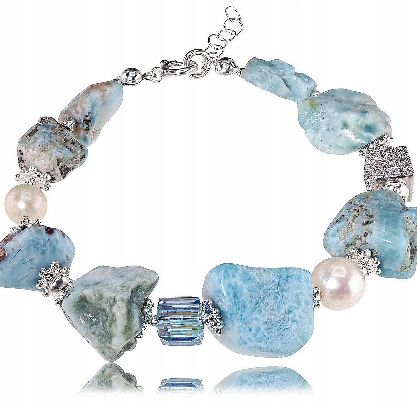 Pravé Křišťály, Přírodní Perly a Nádherný Larimar Stříbrný Náramek (Stříbro)