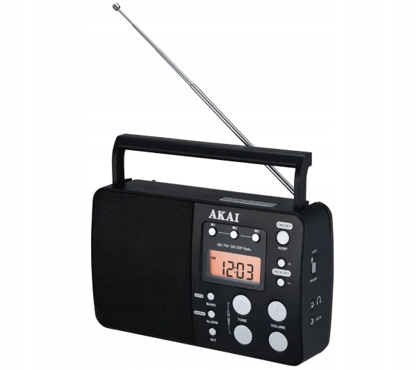 Radioodbiornik Radio przenośne baterie Akai APR-200 LCD Zegar Aux Czarny