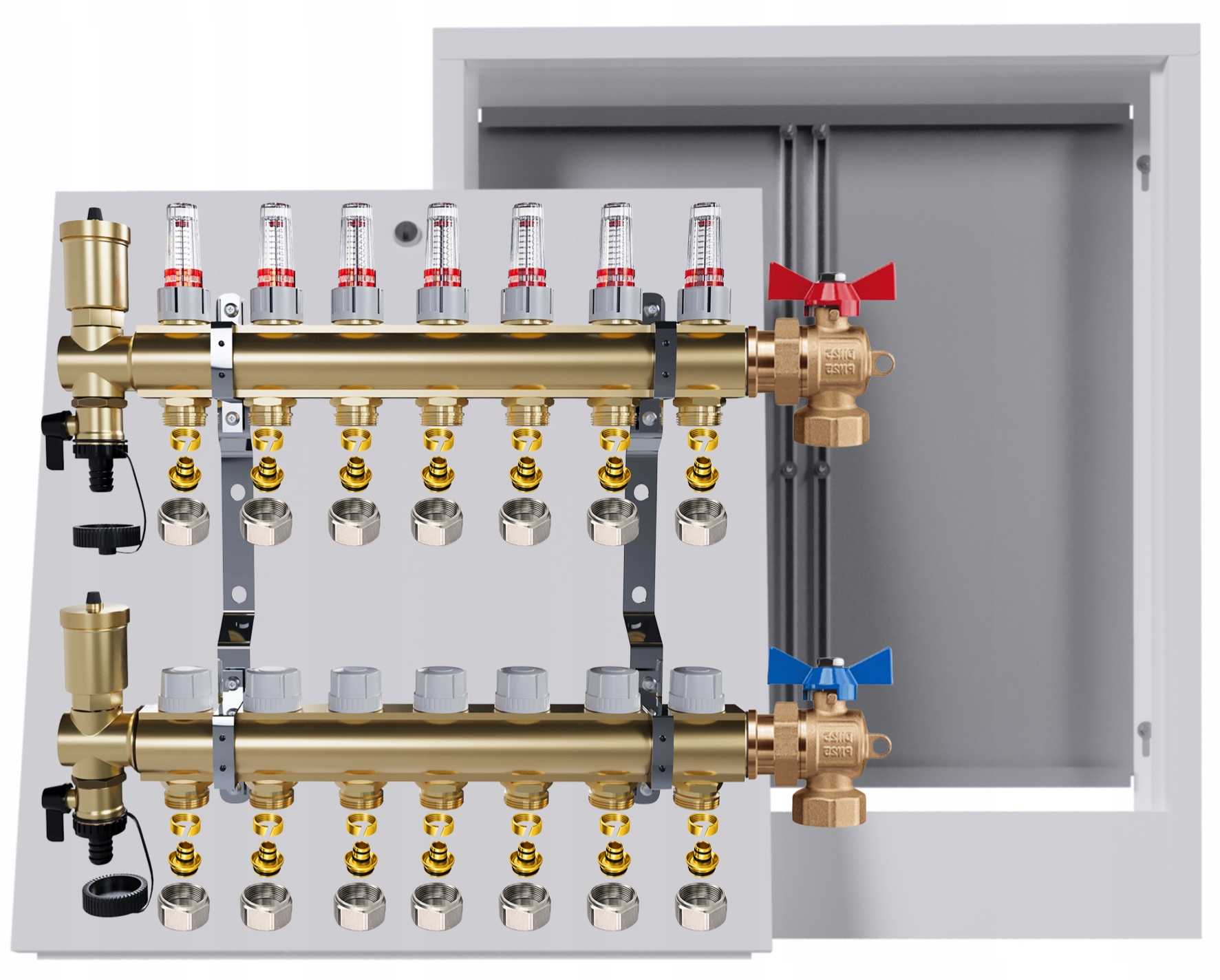 Rozdělovač mosazný podlahový 7 okruhů nástěnná skříňka kulový Pex