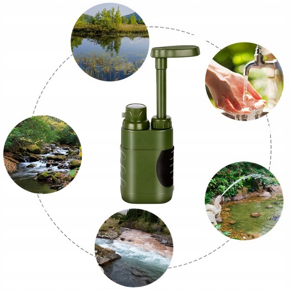 Přenosný turistický filtr na vodu pro úpravu vody, kovový, zelený