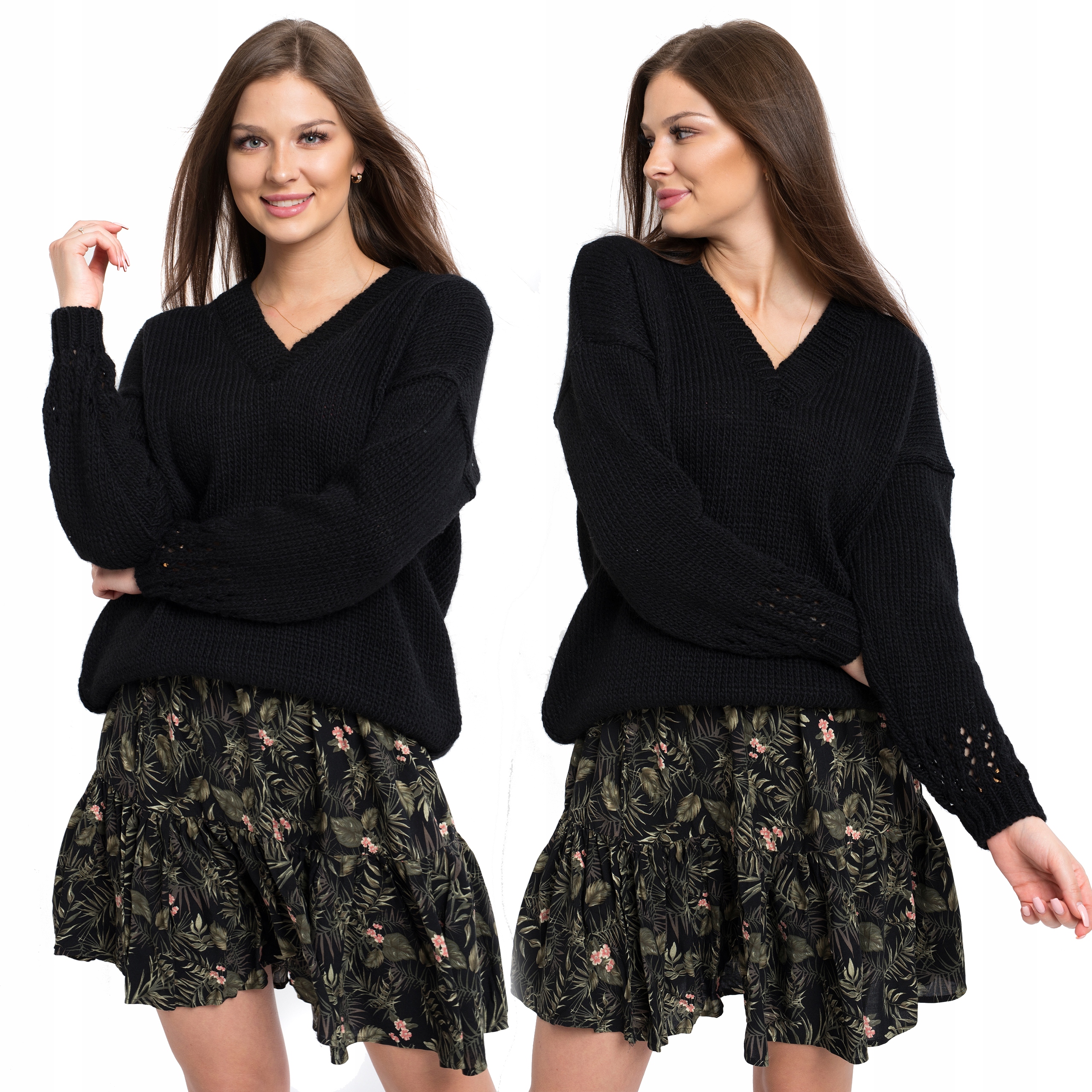 

Livio Wełniany Sweterek V-neck Zdobione Rękawy