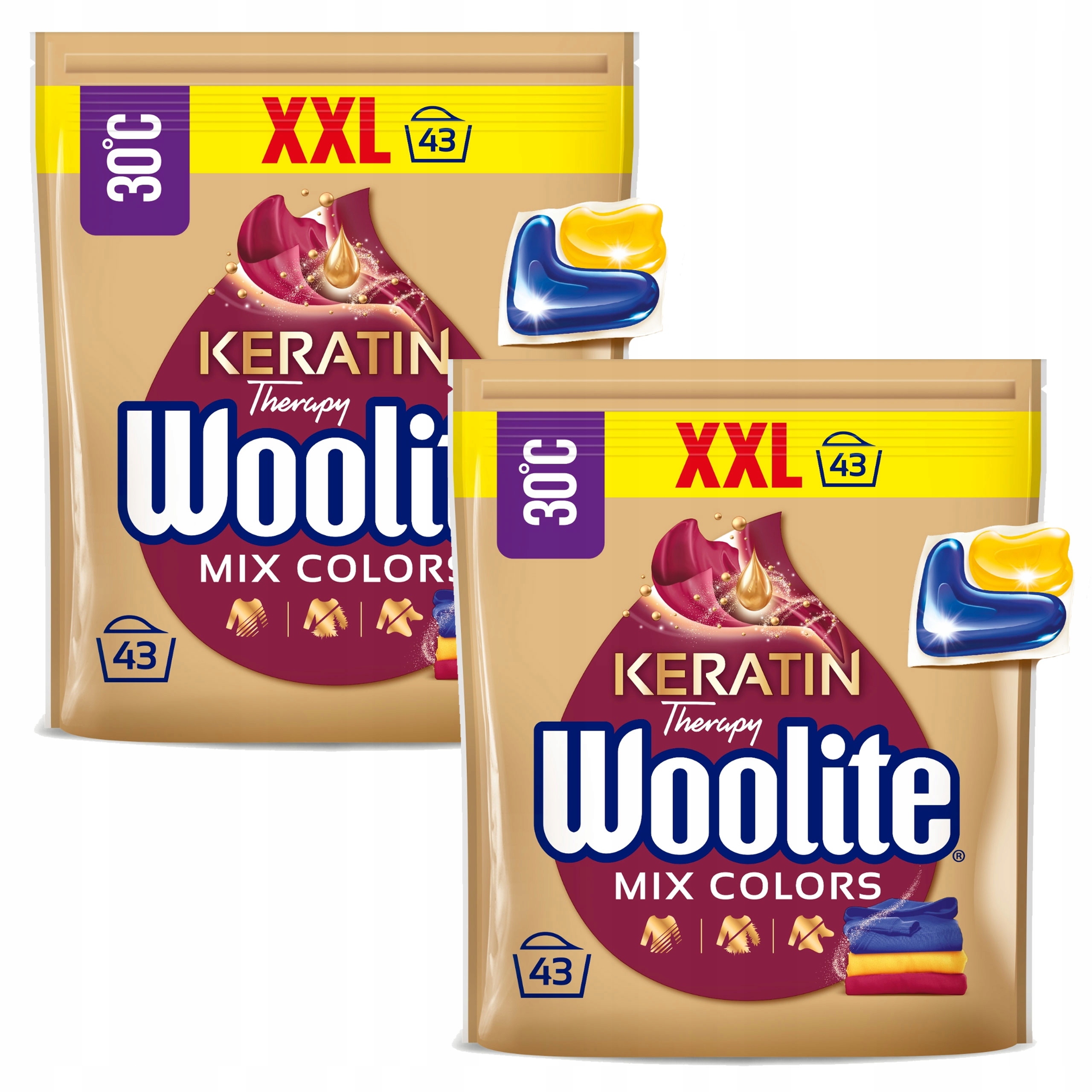 Levně Woolite s keratinem Kapsle na praní barevného prádla 43kusů x2
