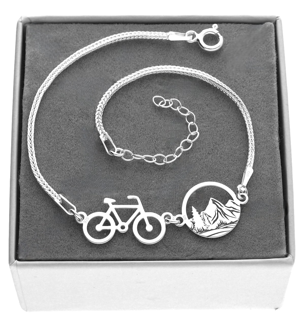 Bransoletka srebrna rower rowerek z górami Góry Grawer srebro 925
