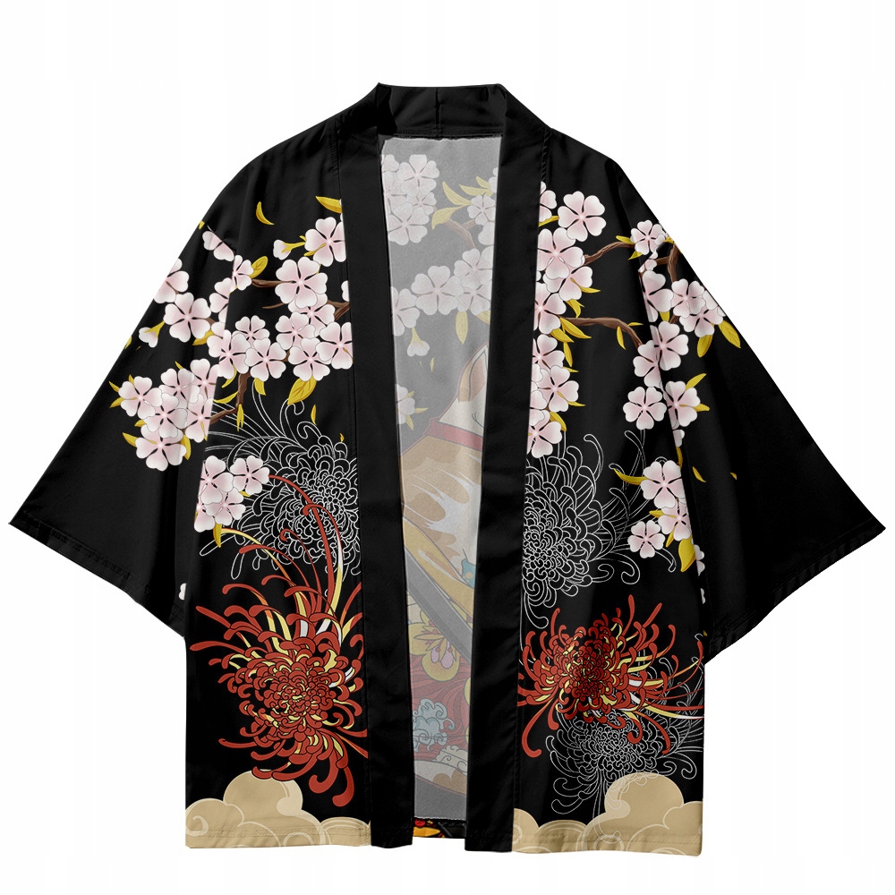 JAPOŃSKIE KIMONO HAORI NEKO SAMURAJ KATANA SAKURA KWIAT KANJI KOT NEKO3 Rozmiar XL/XXL