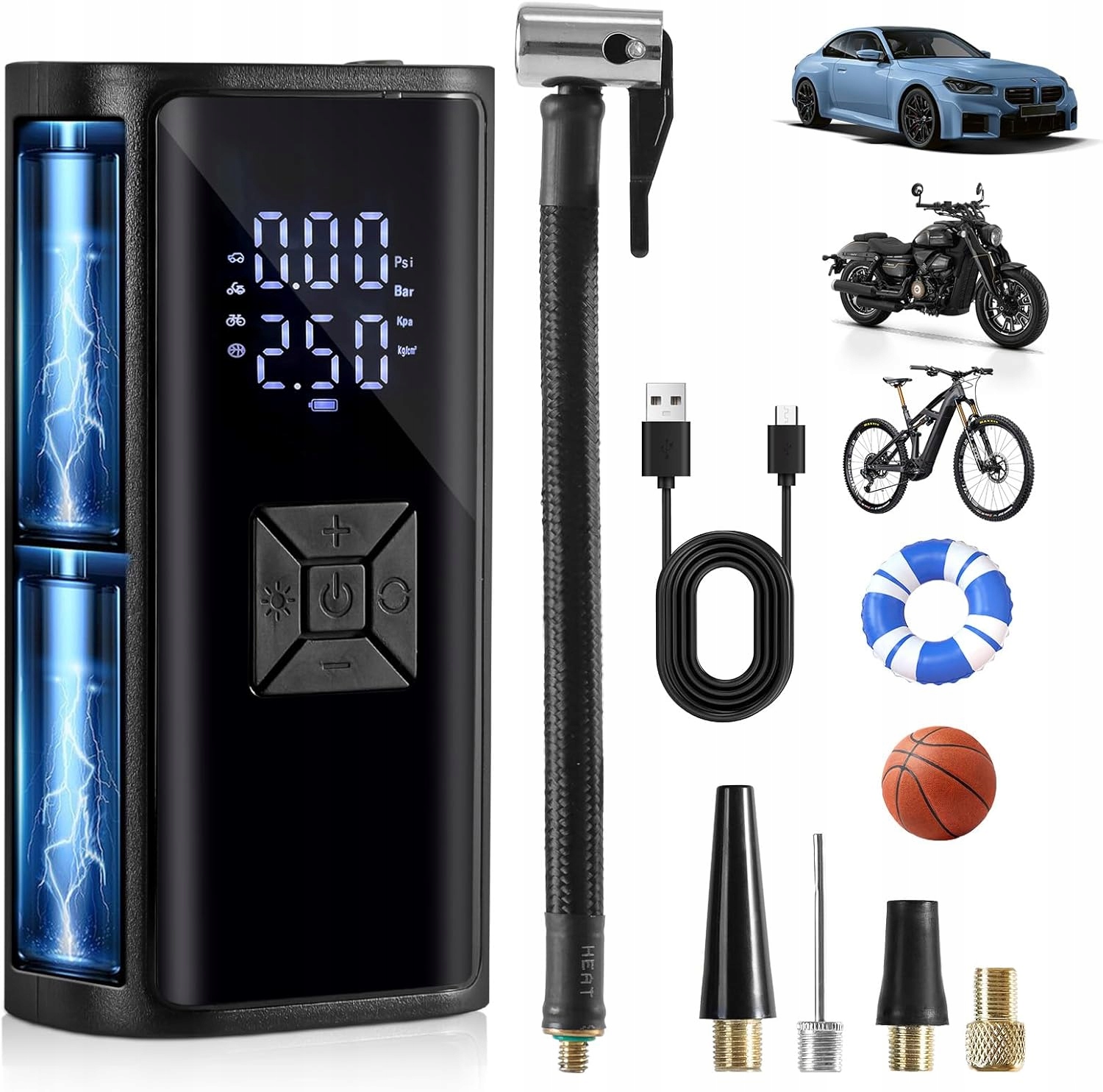 Přenosná elektrická cyklistická/automobilová pumpa na akumulátor – Hofeny