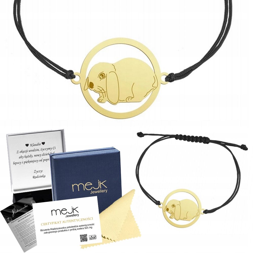 Zlatý náramek s králíkem Angora Kudlanky 925 Šňůra Dárek Gravírování