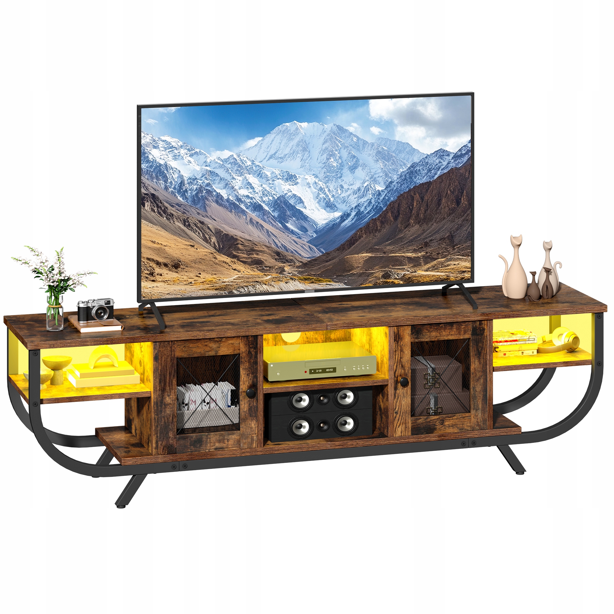 Szafka RTV 160 cm z Oświetleniem LED, Metalowa Rama, Do Telewizorów 65