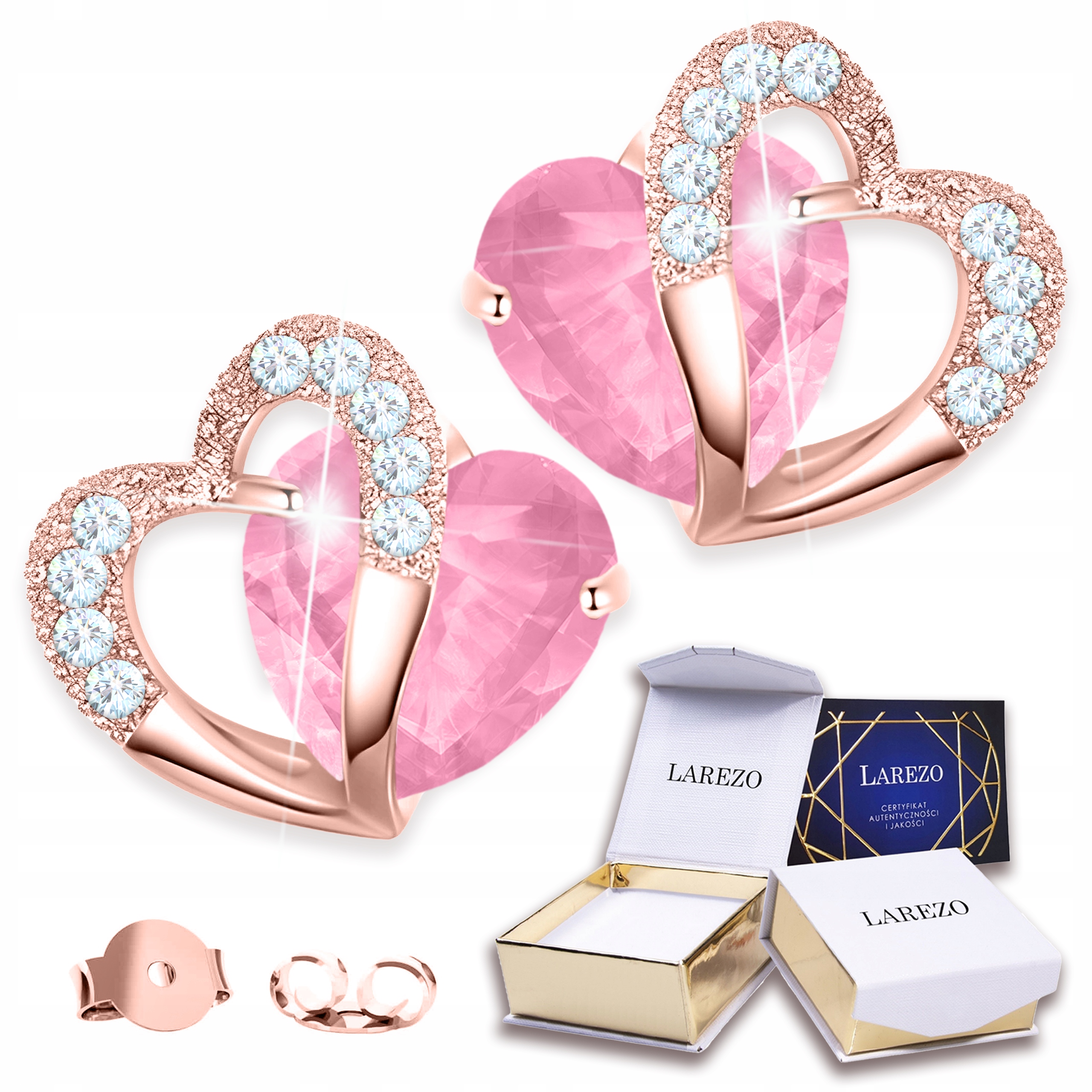 Náušnice Pozlacené Růžové Křišťálové Lesklé Dvojité Srdíčka Stříbro 925